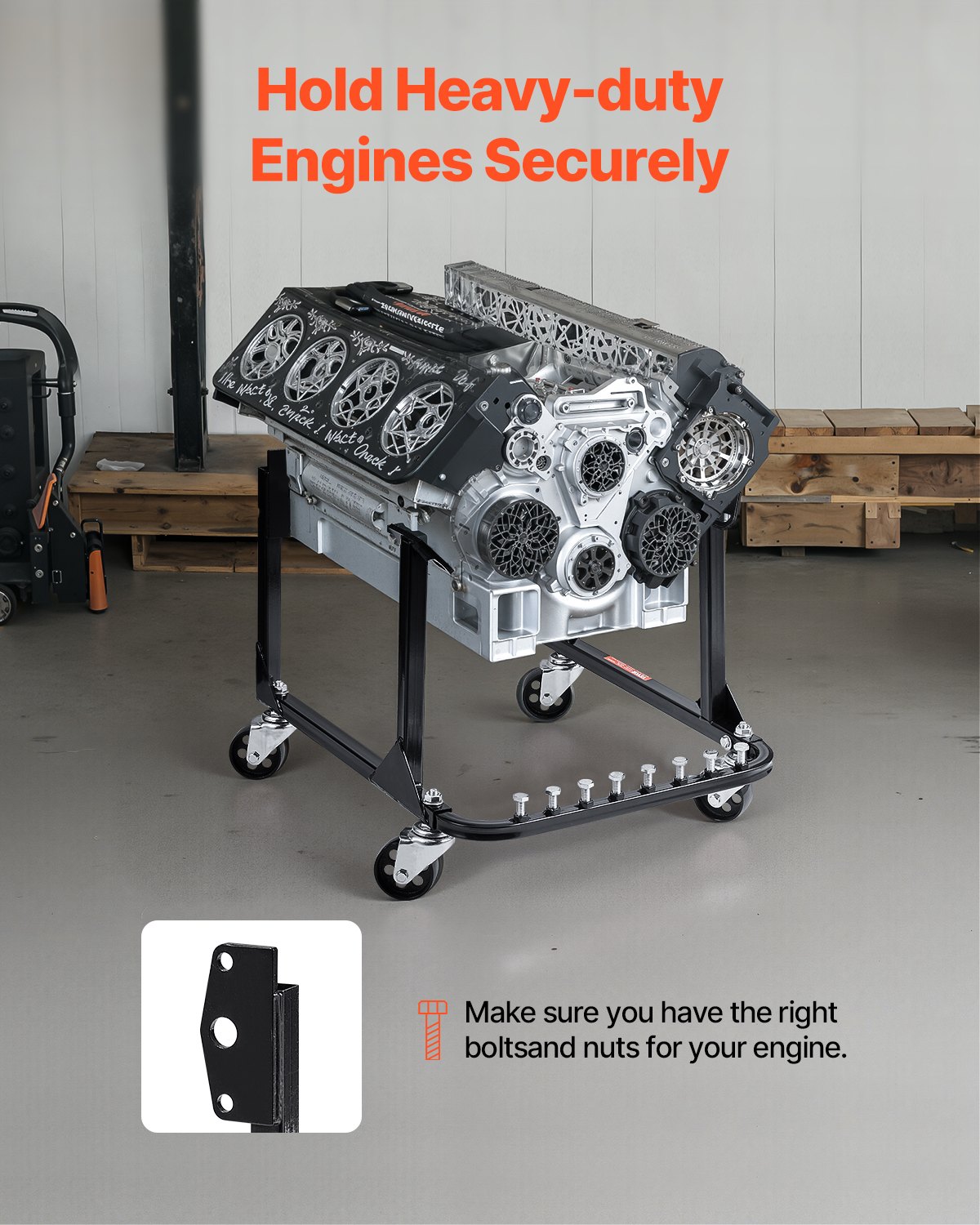 VEVOR Supporto Motore a U, Sollevatore Motore Capacità di Carico 340 kg, Robusto Supporto in Acciaio con 4 Ruote Girevoli e 4 Posizioni di Aggancio, per Motori BB-CHEVY e GEN-1 SB-CHEVY