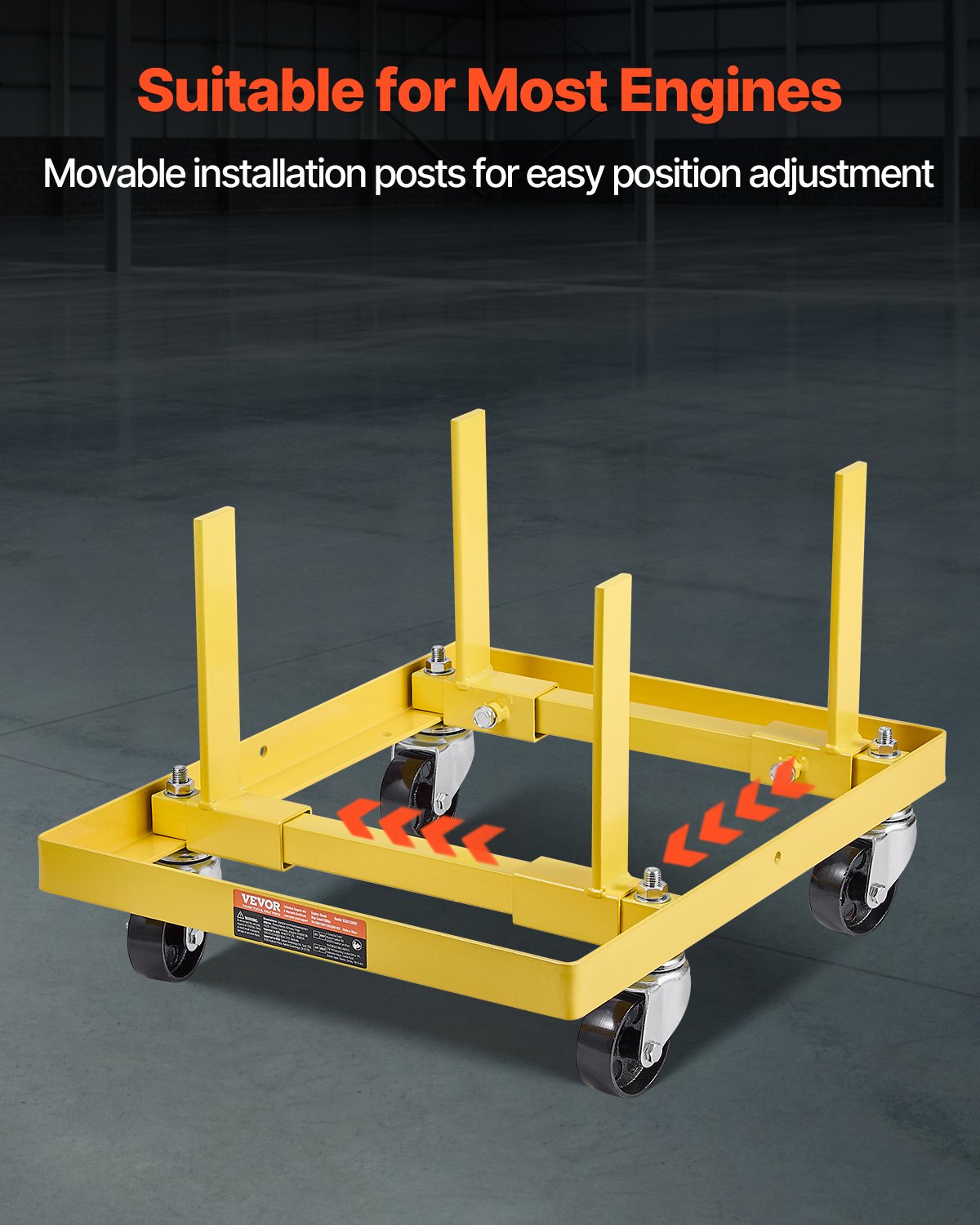 VEVOR Supporto Motore, Sollevatore Motore Capacità di Carico 340 kg, Robusto Supporto Regolabili in Acciaio con 4 Ruote Girevoli e 2 Cinghie a Cricchetto, per Maggior Parte dei Motori