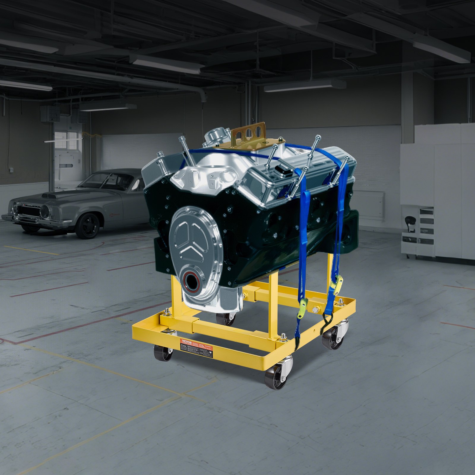 VEVOR Supporto Motore, Sollevatore Motore Capacità di Carico 340 kg, Robusto Supporto Regolabili in Acciaio con 4 Ruote Girevoli e 2 Cinghie a Cricchetto, per Maggior Parte dei Motori