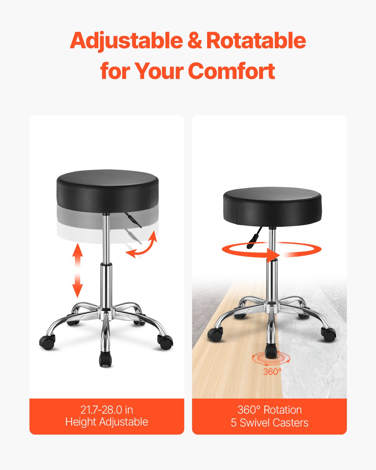 VEVOR Sgabello Girevole, Capacità  di Peso 204 kg, Sgabello Girevole Rotondo in Pelle, Ispessita Regolabile in Altezza, Sgabello con Cuscino Spesso per Salone, Spa, Massaggi, Clinica, Nero