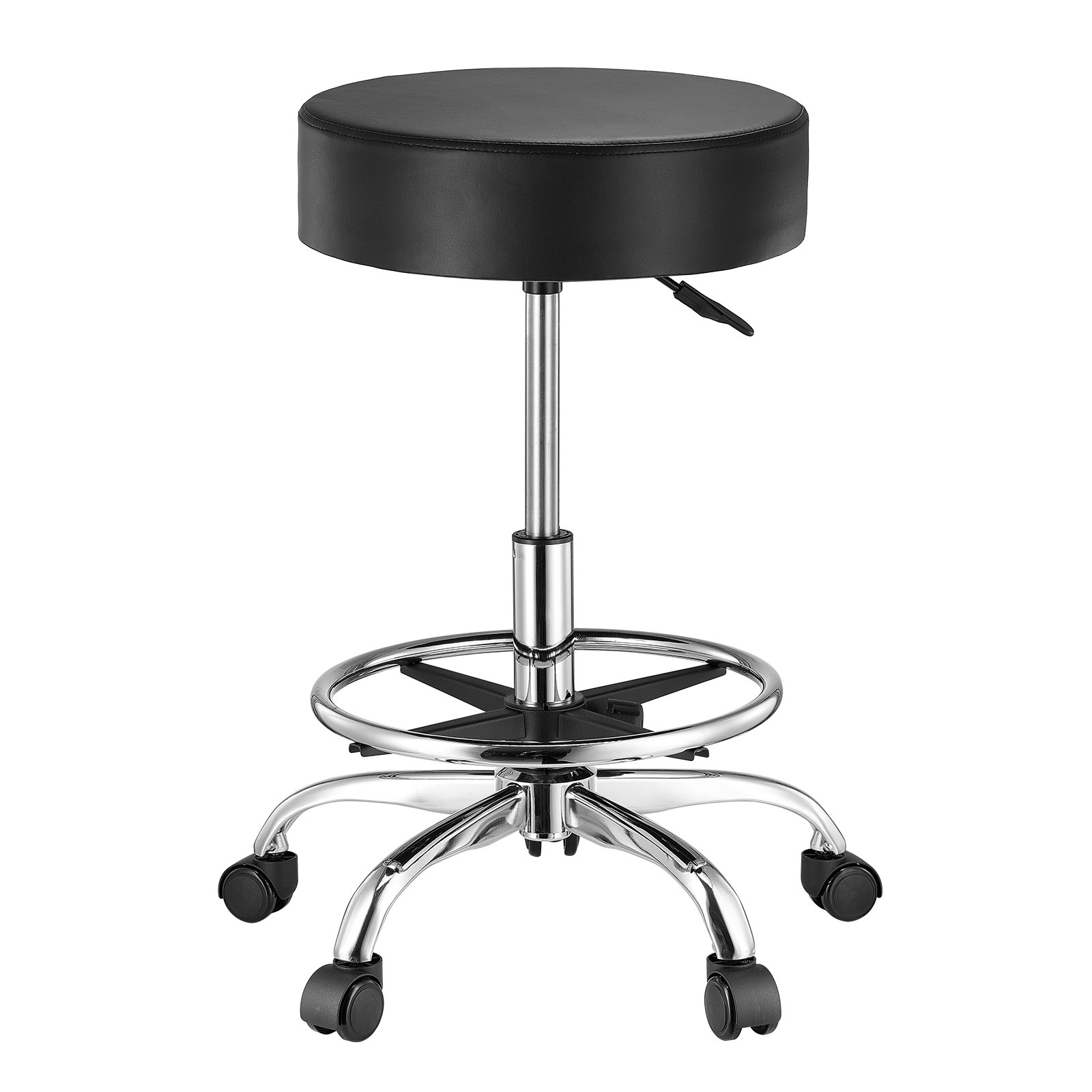 VEVOR Sgabello Girevole con Poggiapiedi e Ruote, Capacità 204 kg, Sgabello Girevole Rotondo in Pelle, Ispessita Regolabile in Altezza, Sgabello per Salone, Spa, Massaggi, Clinica, Nero