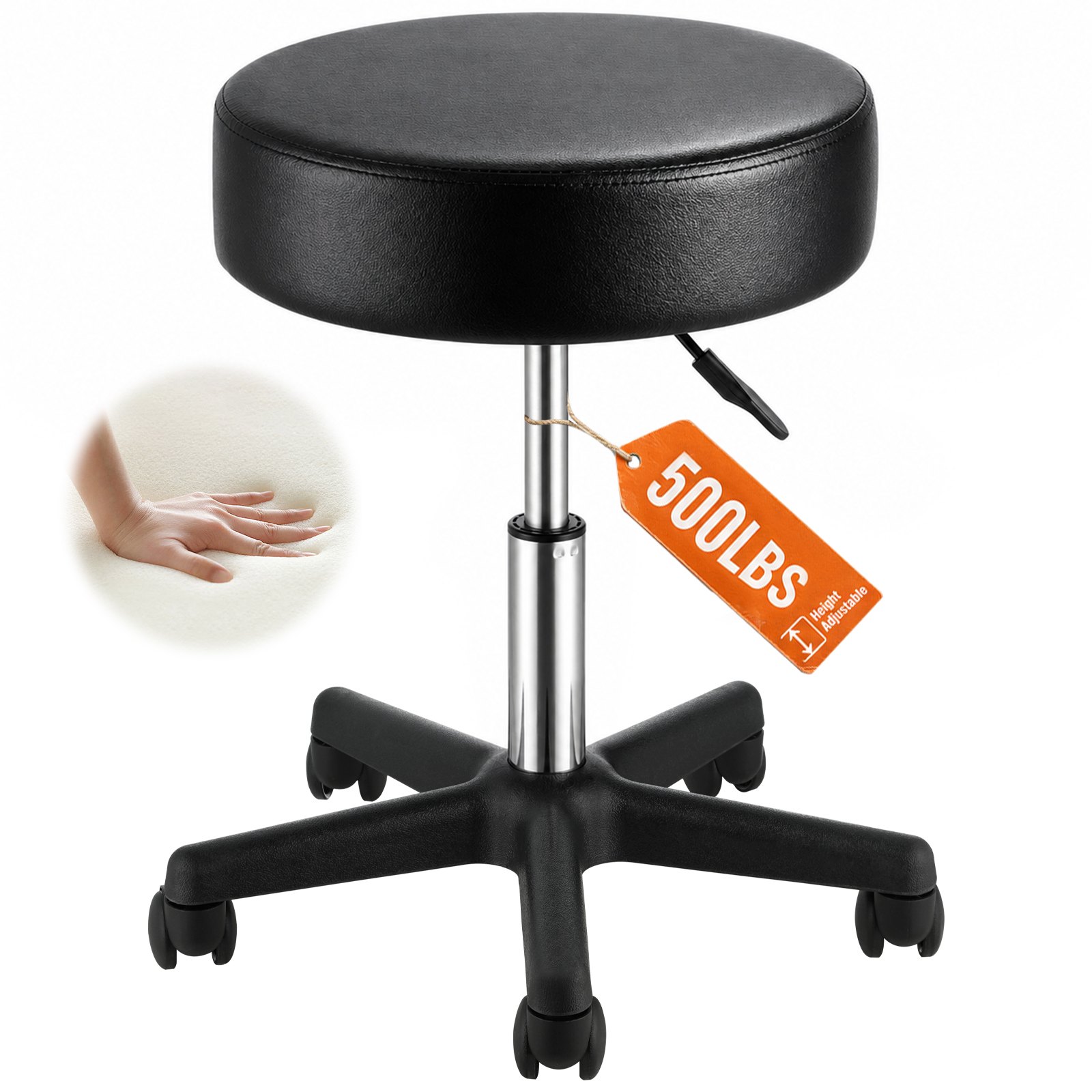 VEVOR Sgabello Rotondo Altezza Regolabile 460-605 mm Senza Schiena Capacità Carico Max. 181kg per Ufficio Salone Studio Parruccheria, Sedia a Rotella da Lavoro Girevole 500 x 500 x 460 mm per Ufficio