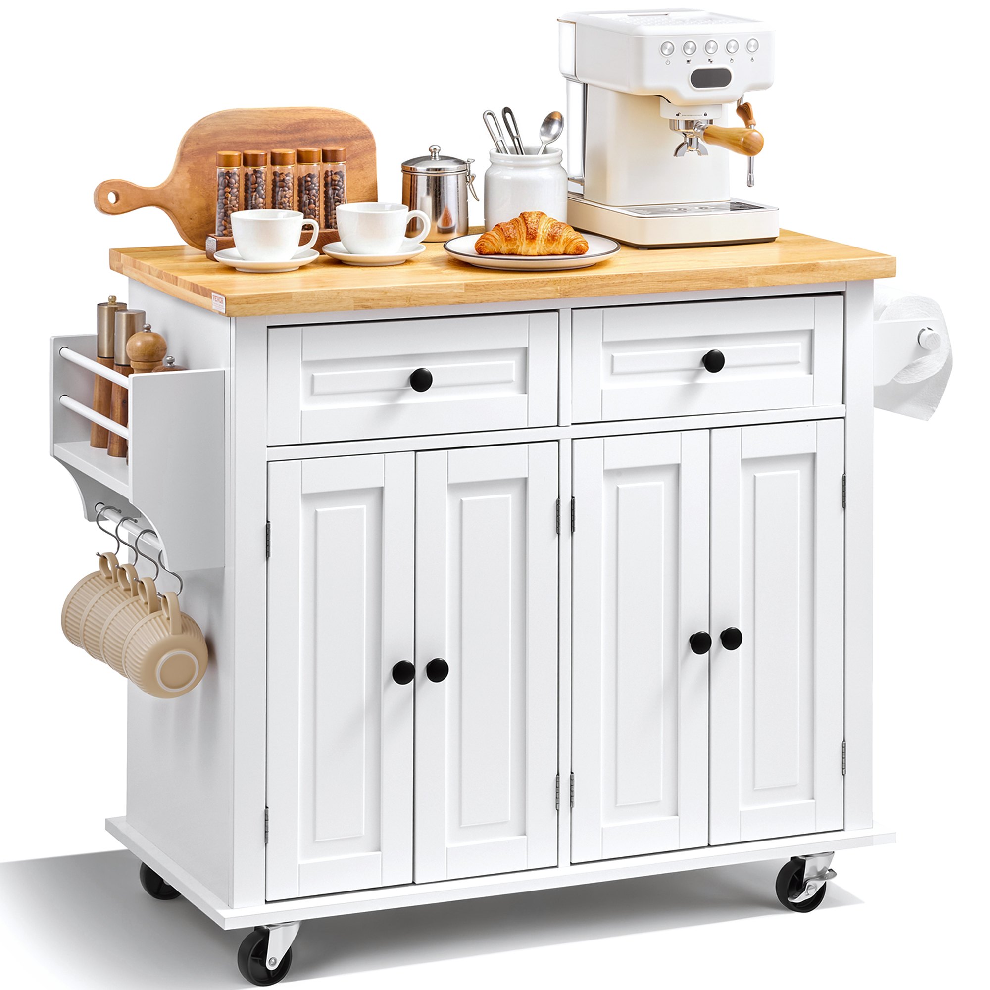 VEVOR Isola per Cucina Mobile con Ruote Tavolo 900 x 450 x 27 mm Cassetti Portaoggetti Rastrelliera Capacità Carico Totale 136kg, Carrello Isola da Cucina Credenza Mobile per Utensili Cucina in MDF