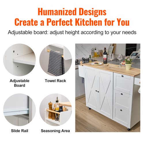 Carrello da cucina ad isola con ruote con piano di lavoro, cassetto, mobile da cucina con rotelle con ripiano, portaspezie, portasciugamani, carrello di servizio carrello da cucina bianco ONE SIZE