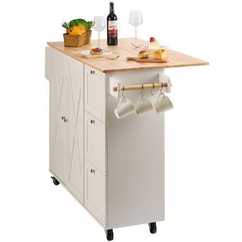 Isola Cucina Mobile Con Tavolo Estraibile 100x42-70x91.5cm, Portabicchieri E Cassetti, Bianco E Legno Chiaro, Ruote Bloccabili