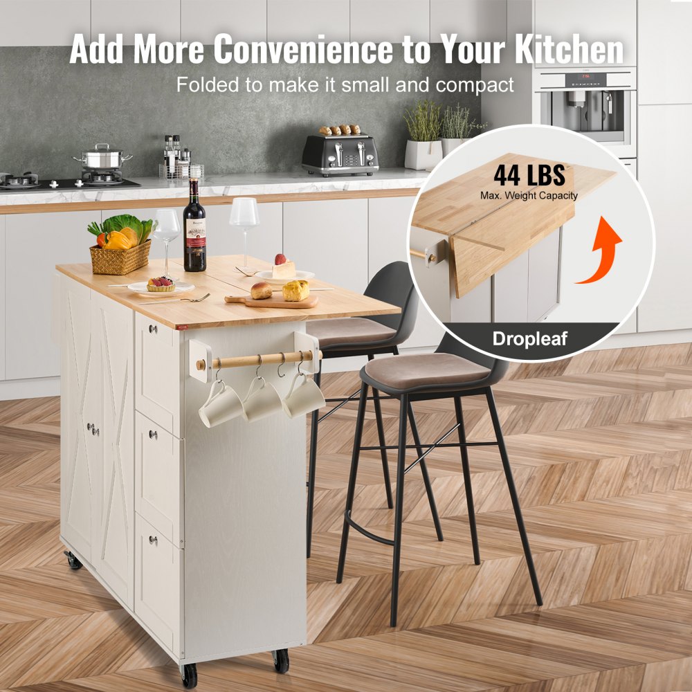 VEVOR Isola per Cucina Mobile con Ruote Tavolo Ribalto con Cassetti Portaoggetti Rastrelliera Capacità Carico Totale 136kg, Carrello Isola da Cucina Credenza Mobile per Utensili Cucina in MDF 4 Ruote