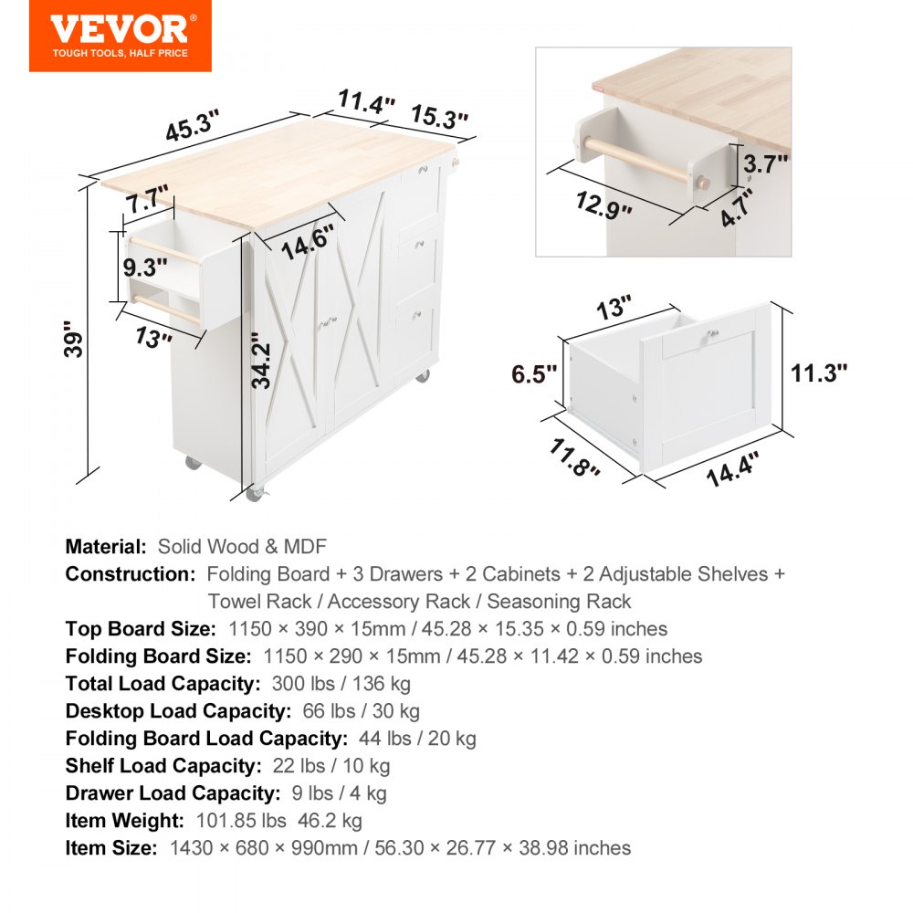 VEVOR Isola per Cucina Mobile con Ruote Tavolo Ribalto con Cassetti Portaoggetti Rastrelliera Capacità Carico Totale 136kg, Carrello Isola da Cucina Credenza Mobile per Utensili Cucina in MDF 4 Ruote