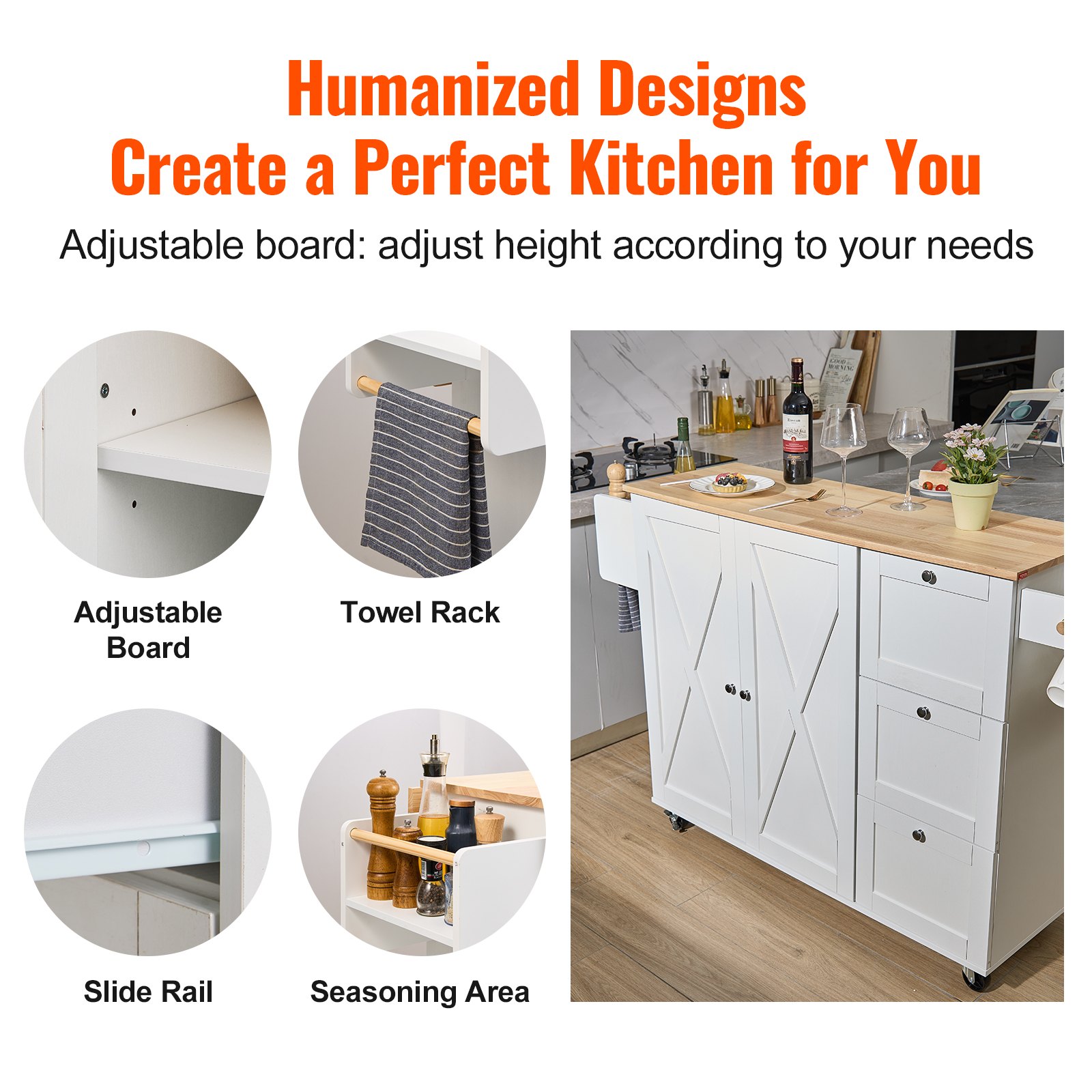 VEVOR Isola per Cucina Mobile con Ruote Tavolo Ribalto con Cassetti Portaoggetti Rastrelliera Capacità Carico Totale 136kg, Carrello Isola da Cucina Credenza Mobile per Utensili Cucina in MDF 4 Ruote