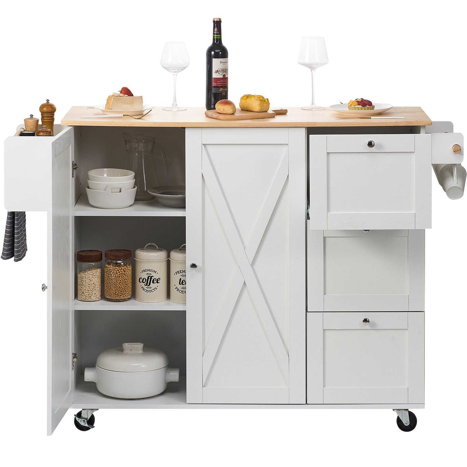 VEVOR Isola per Cucina Mobile con Ruote Tavolo Ribalto con Cassetti Portaoggetti Rastrelliera Capacità Carico Totale 136kg, Carrello Isola da Cucina Credenza Mobile per Utensili Cucina in MDF 4 Ruote
