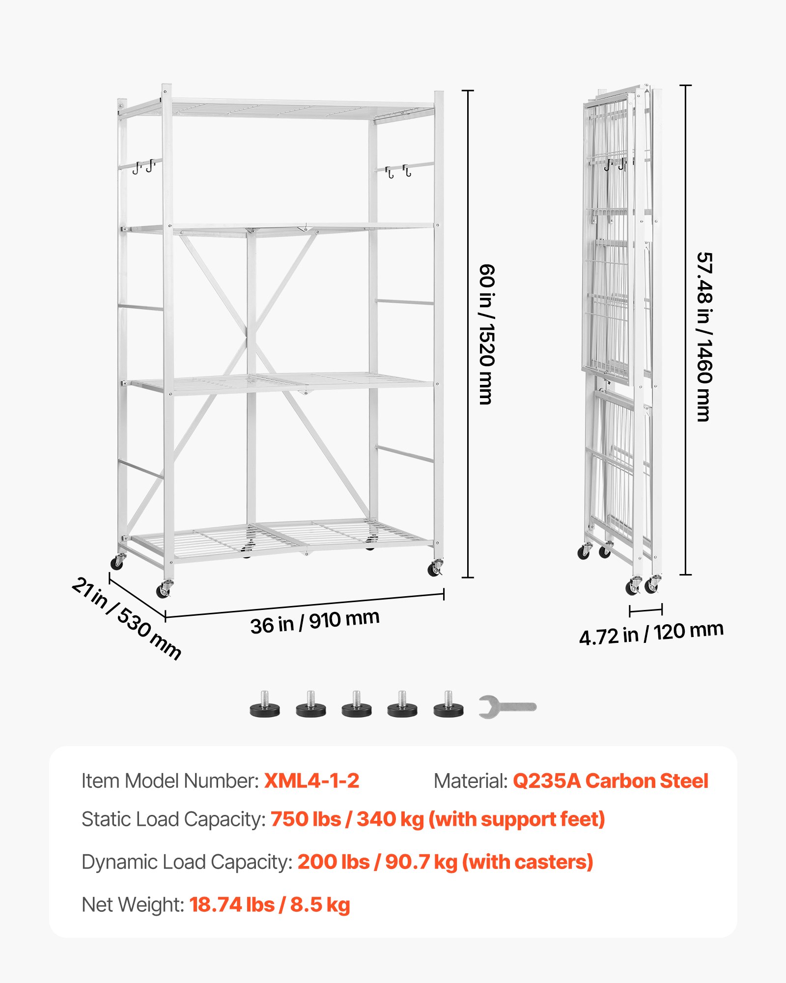 VEVOR Scaffale Portaoggetti Pieghevole a 4 Ripiani con Ruote, Scaffale in Metallo Pieghevole, Robusto, Senza Montaggio, Ideale per Garage, Cucina, Bianco, Capacità 90,7 kg 530 x 910 x 1520 mm