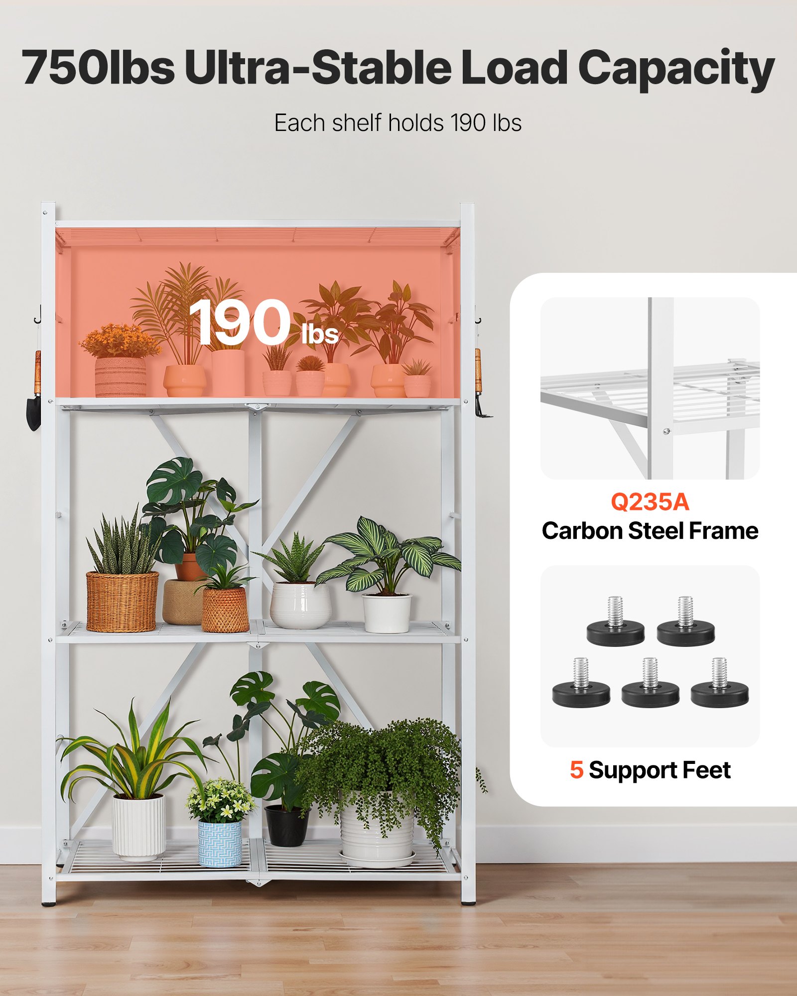 VEVOR 4-Tier Folding Shelving Unit with Wheels, 53x91x152 cm, Foldable Heavy-Duty Shelf, Assembly-Free Freestanding Shelf, Household Shelf, Kitchen Shelf, Metal Shelf for Garage, Kitchen, Basement, White