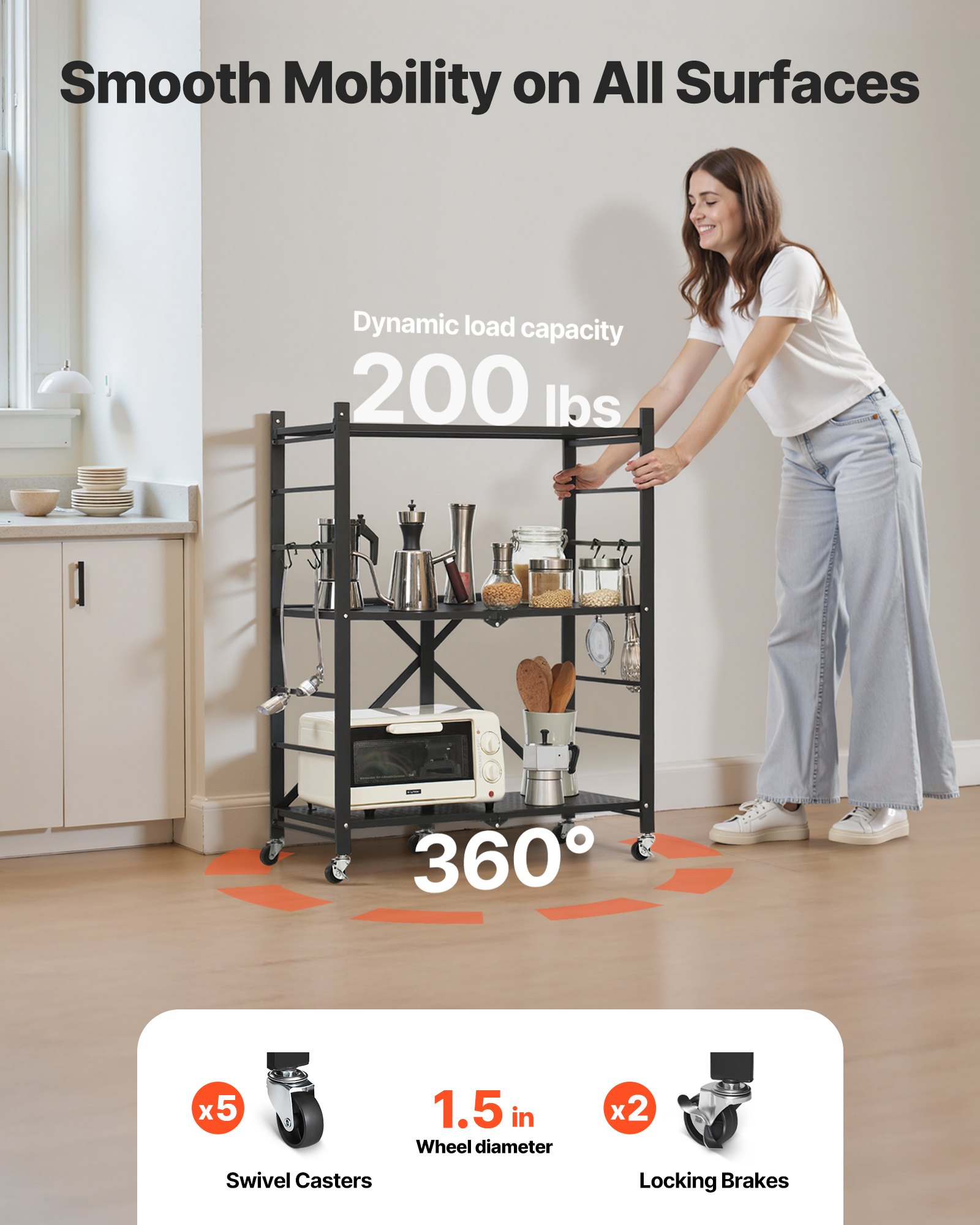 VEVOR Scaffale Portaoggetti Pieghevole a 3 Ripiani con Ruote, Scaffale in Metallo Pieghevole, Robusto Resistente Senza Montaggio, Ideale per Garage, Cucina, Cantina Nero 330 x 710 x 910 mm