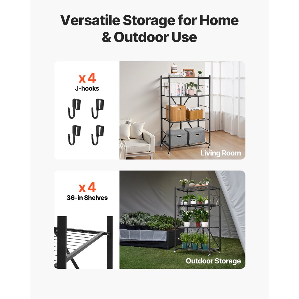 VEVOR Scaffale Portaoggetti Pieghevole a 4 Ripiani con Ruote, Scaffale in Metallo Pieghevole, Robusto, Senza Montaggio, Ideale per Garage, Cucina, Nero, Capacità 90,7 kg 530 x 910 x 1520 mm