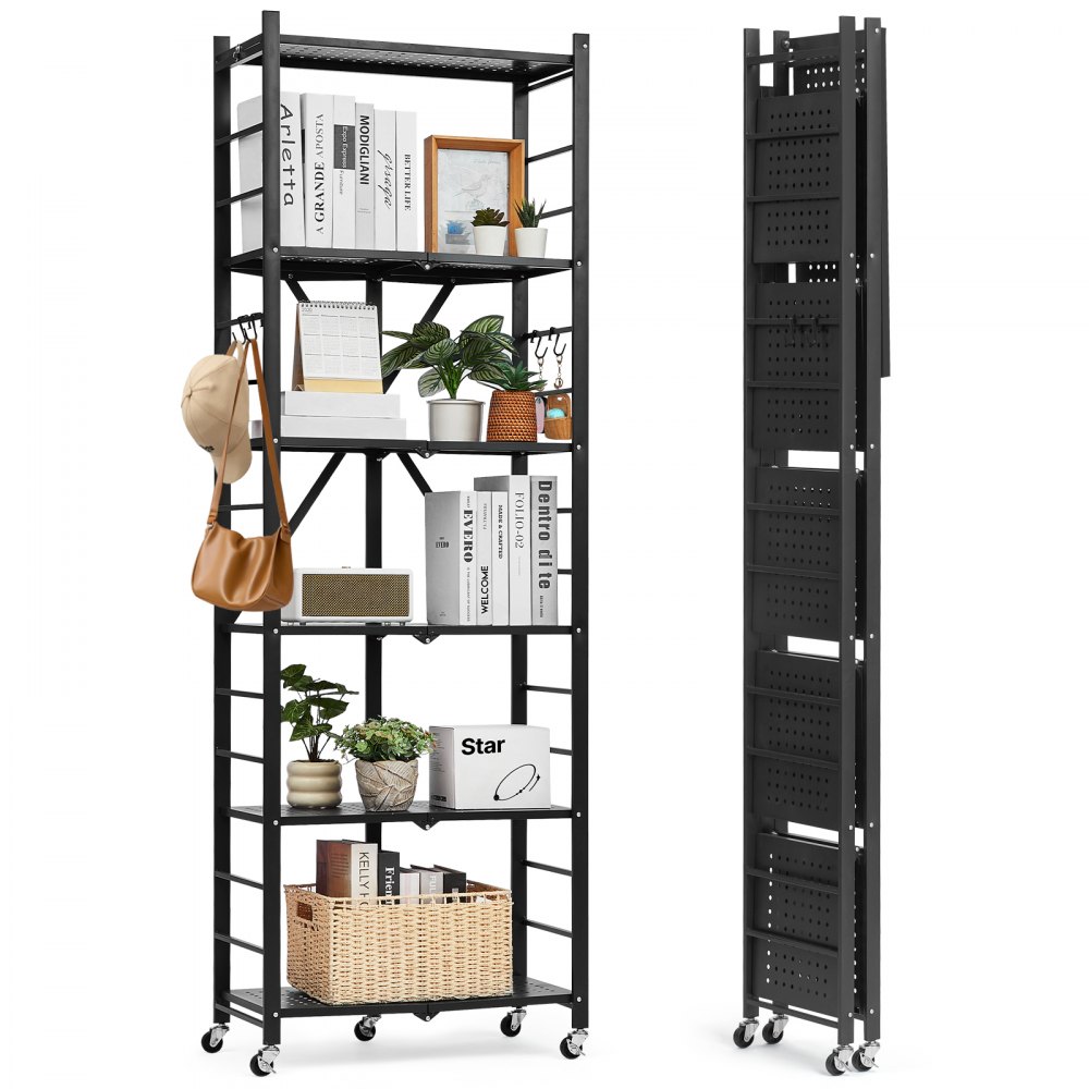 VEVOR Scaffale Portaoggetti Pieghevole a 6 Ripiani con Ruote, 300 x 610 x 1830 mm, Scaffale in Metallo Pieghevole, Resistente, Senza Montaggio, per Garage, Cucina, Cantina, Nero Capacità 340 kg