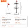 VEVOR disc golf basket assembly dimensions and specifications with mini flags and stakes.