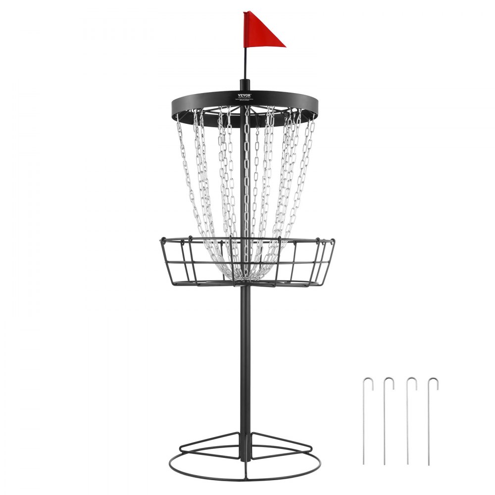 VEVOR disc golf basket with chains and red flag on top, four ground anchors included.