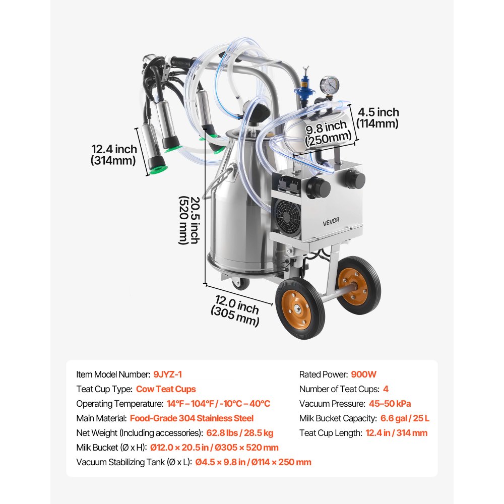 VEVOR Kit Mungitrice per Mucche con Secchio in Acciaio Inox Uso Alimentare Capienza 25 Litri Potenza Nominale 900W con Tettarelle Tubo Flessibile in Silicone, Mungitrice per Mucche Elettrica a Rotelle