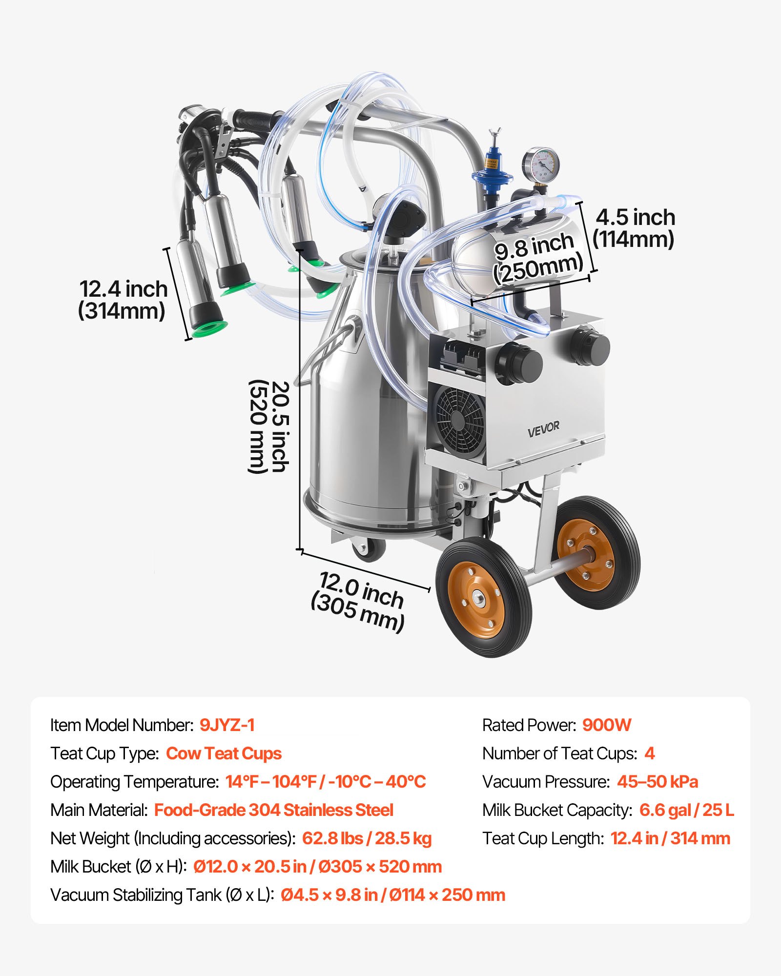 VEVOR Kit Mungitrice per Mucche con Secchio in Acciaio Inox Uso Alimentare Capienza 25 Litri Potenza Nominale 900W con Tettarelle Tubo Flessibile in Silicone, Mungitrice per Mucche Elettrica a Rotelle