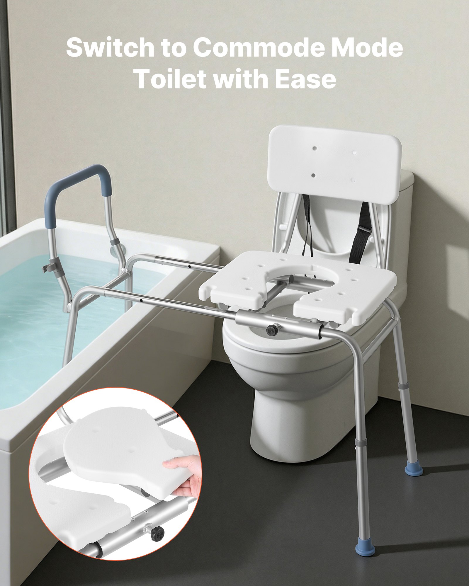 VEVOR Sedia da Bagno Scorrevole, Sedile per Trasferimento per Vasca da Bagno Carico max 180 kg con Braccioli Schienale per Adulti, Sedia per Doccia Altezza Regolabile Ausilio per Cura Domestica