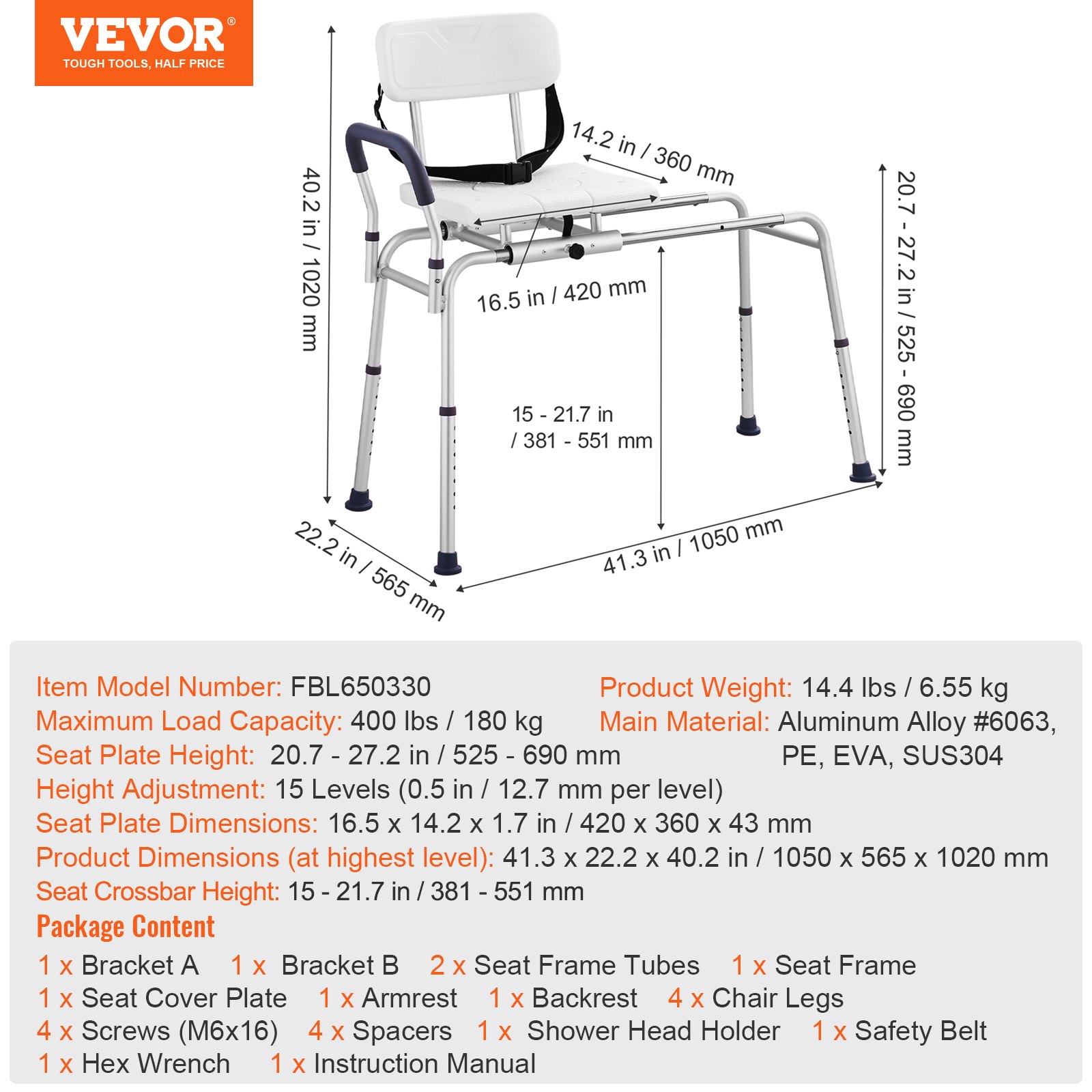 VEVOR Panca di Trasferimento per Vasca Scorrevole, Capacità di 180 kg Panca di Trasferimento per Vasca Regolabile in Altezza con Schienale Reversibile e Cintura di Sicurezza, per Disabili Anziani