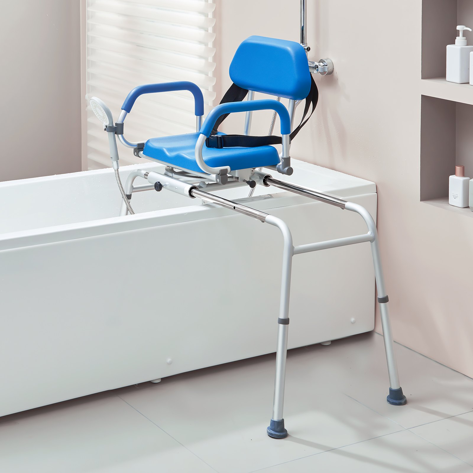 VEVOR sliding bath transfer bench with 360-degree swivel seat, sliding shower chair with swivel armrests, padded seat and safety belt, height-adjustable bath chair for elderly people with disabilities, 150 kg