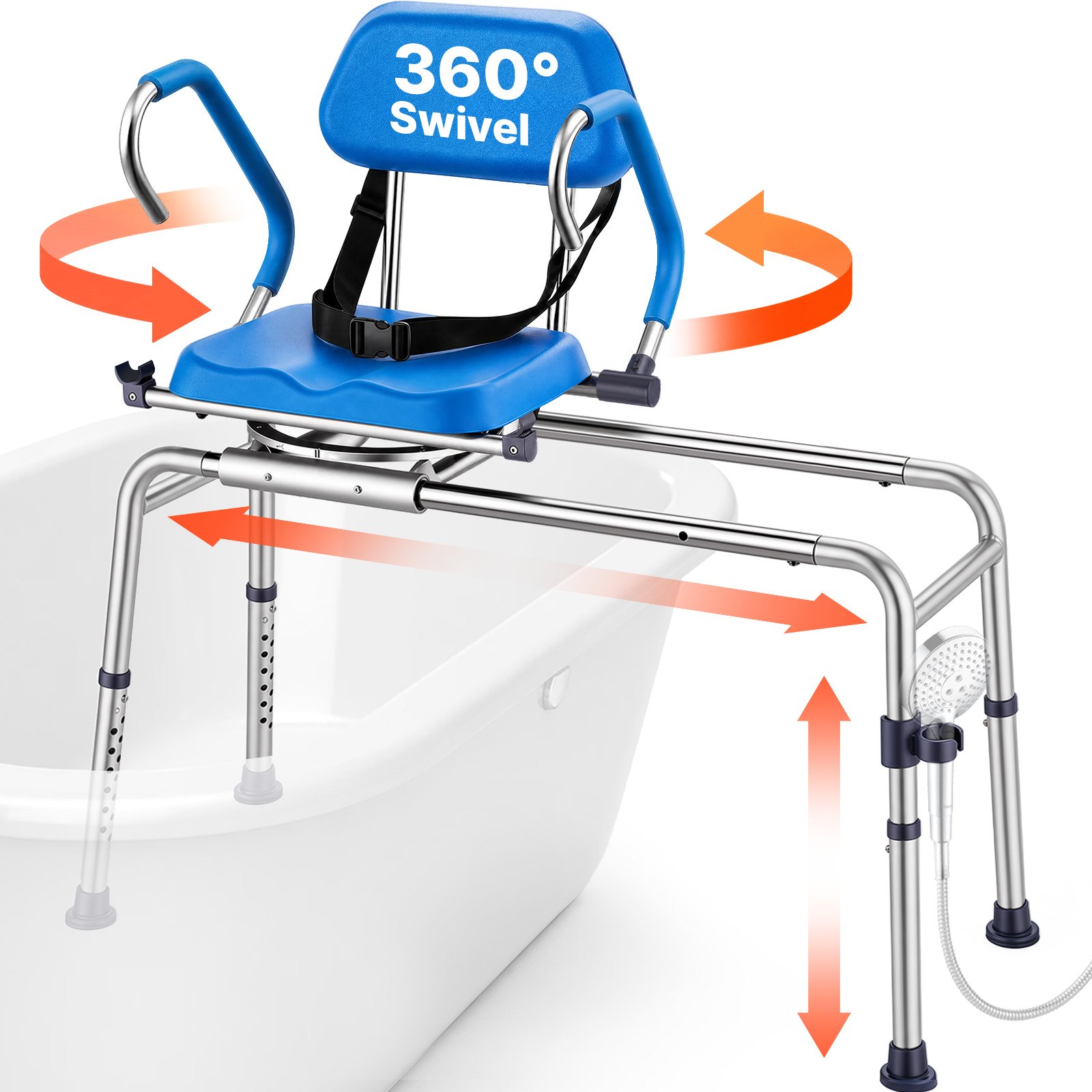 VEVOR Sgabello Scorrevole per Vasca da Bagno, Sedile Girevole per Trasferimento in Vasca Carico max. 150 kg, Sedia da Bagno Altezza Regolabile con Braccioli Schienale Ribaltabile per Anziani