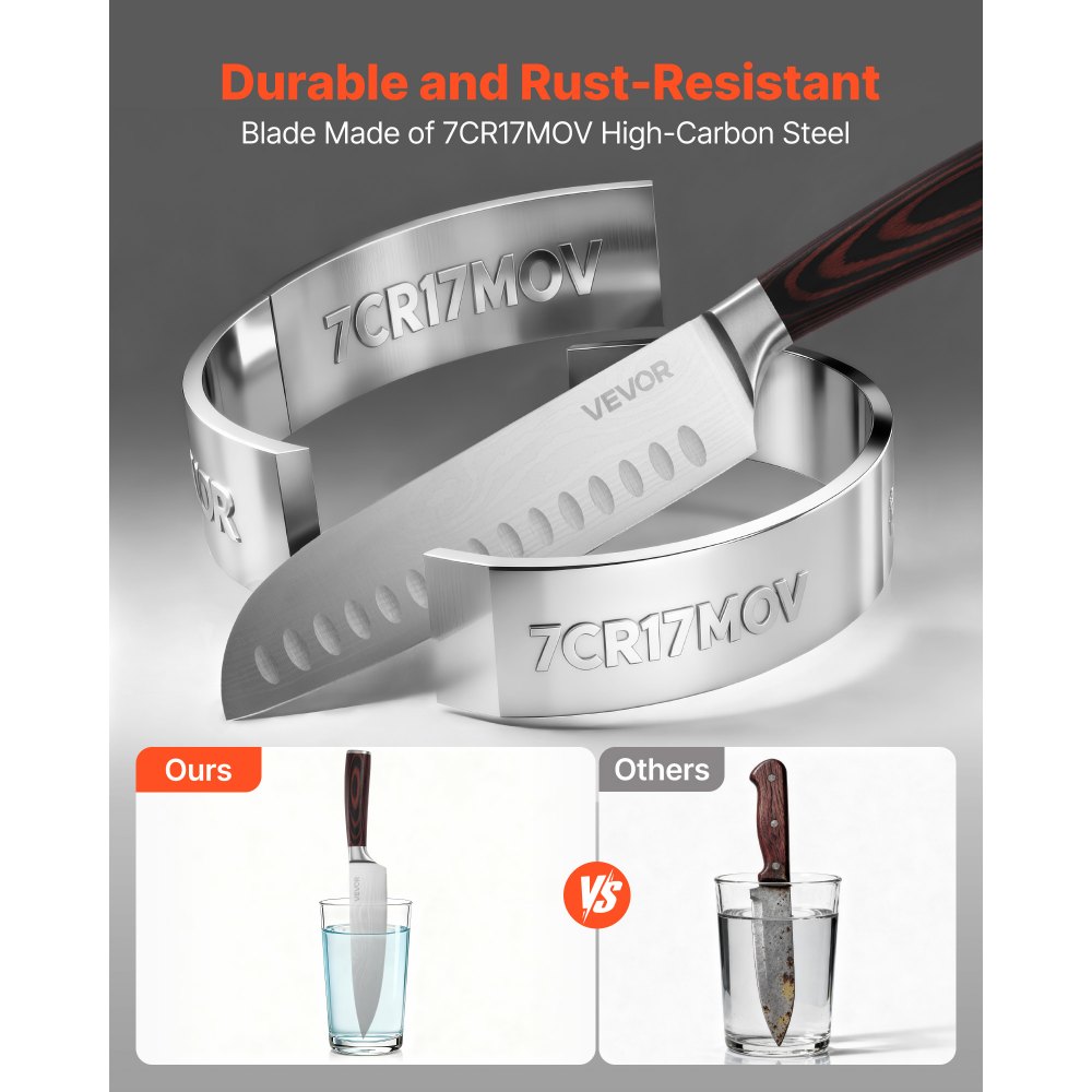 VEVOR Set Coltelli da Cucina con Ceppo e Acciaino Universale da 15 Pezzi, Coltelli Affilati in Acciaio Inossidabile ad Alto Tenore di Carbonio, Coltello da Cucina con Impugnatura Ergonomica