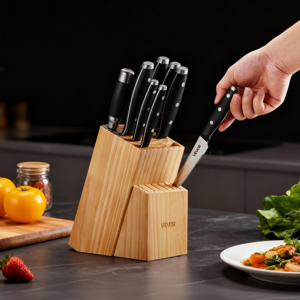 VEVOR Set di Coltelli da Cucina con Ceppo Portacoltelli Legno di Pino e Acciaino da 15 Pezzi in Acciaio Inossidabile ad Alto Tenore di Carbonio, Coltello da Cucina con Impugnatura Ergonomica in ABS