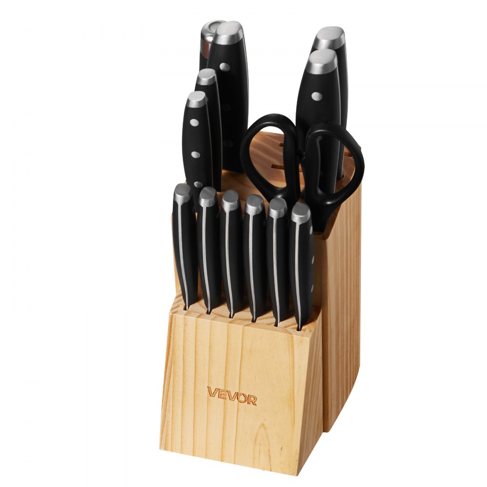 VEVOR Set di Coltelli da Cucina con Ceppo Portacoltelli Legno di Pino e Acciaino da 15 Pezzi in Acciaio Inossidabile ad Alto Tenore di Carbonio, Coltello da Cucina con Impugnatura Ergonomica in ABS