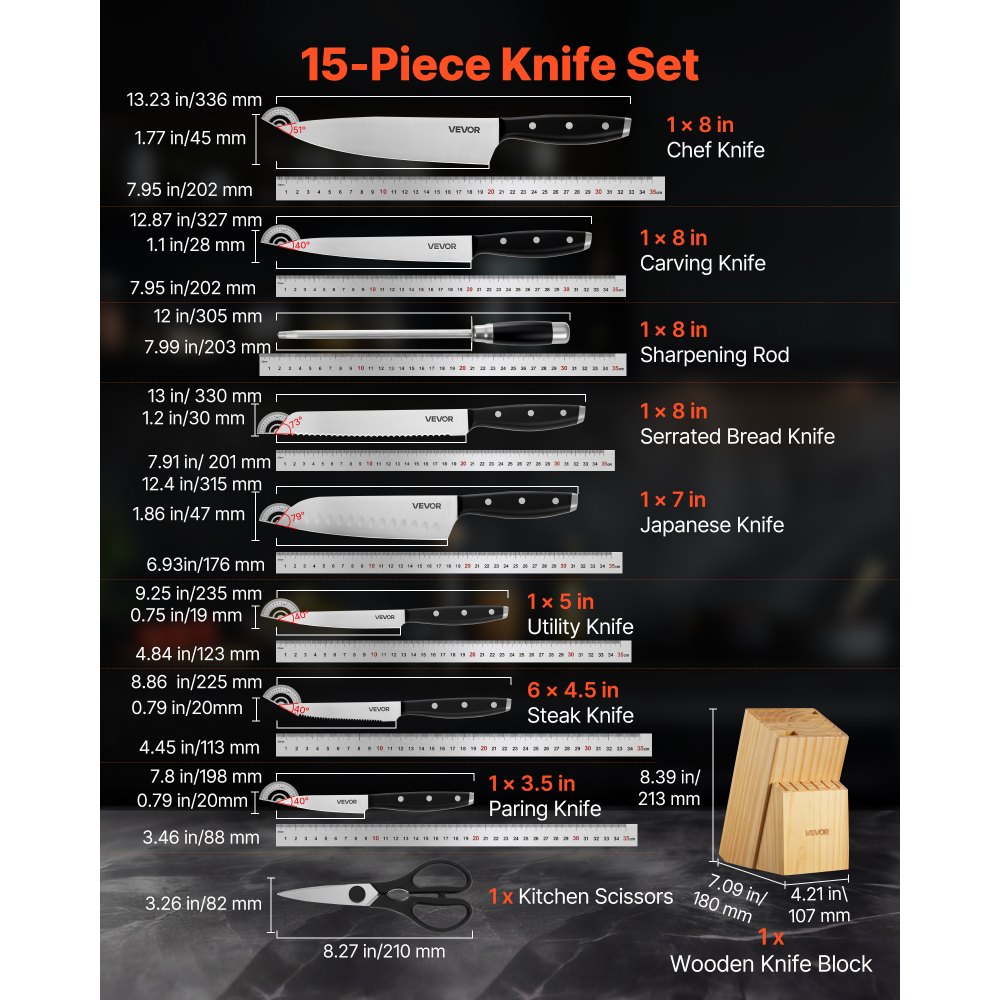 VEVOR Set di Coltelli da Cucina con Ceppo Portacoltelli Legno di Pino e Acciaino da 15 Pezzi in Acciaio Inossidabile ad Alto Tenore di Carbonio, Coltello da Cucina con Impugnatura Ergonomica in ABS