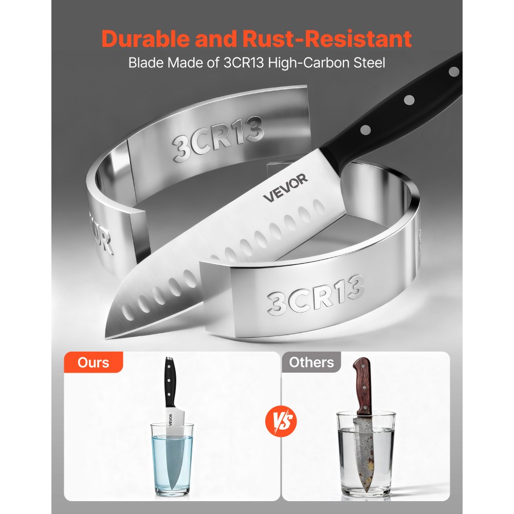 VEVOR Set di Coltelli da Cucina con Ceppo Portacoltelli Legno di Pino e Acciaino da 15 Pezzi in Acciaio Inossidabile ad Alto Tenore di Carbonio, Coltello da Cucina con Impugnatura Ergonomica in ABS