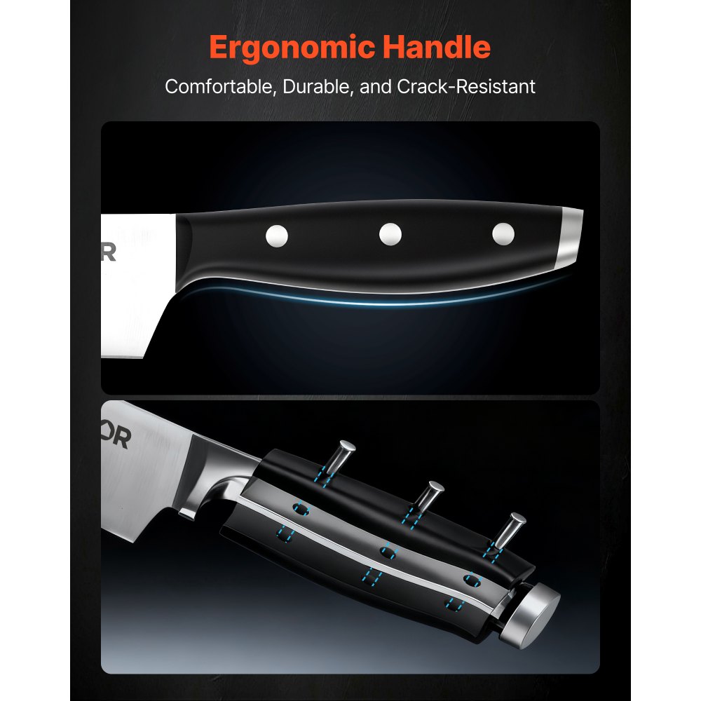 VEVOR Set di Coltelli da Cucina con Ceppo Portacoltelli Legno di Pino e Acciaino da 15 Pezzi in Acciaio Inossidabile ad Alto Tenore di Carbonio, Coltello da Cucina con Impugnatura Ergonomica in ABS