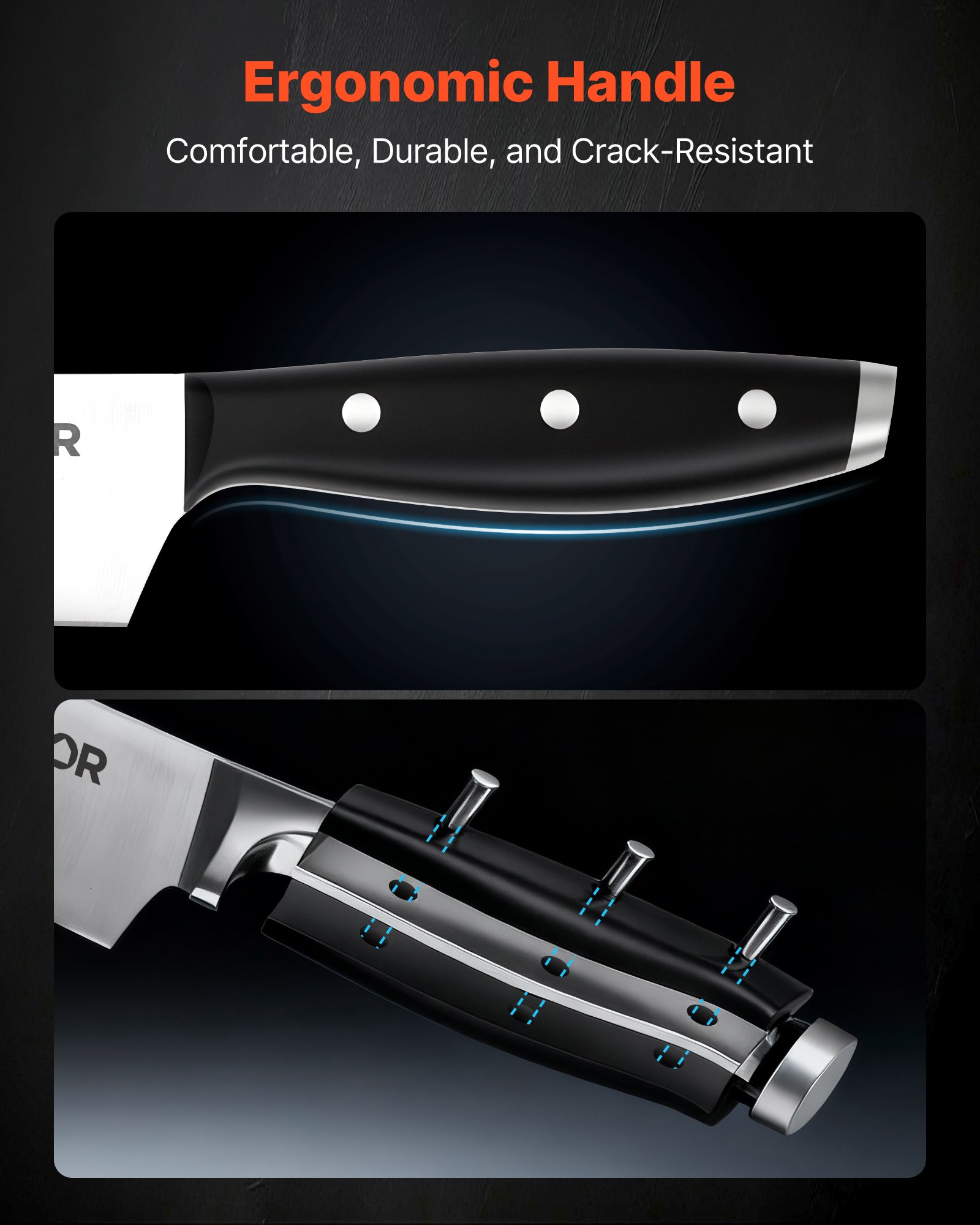 VEVOR Set di Coltelli da Cucina con Ceppo Portacoltelli Legno di Pino e Acciaino da 15 Pezzi in Acciaio Inossidabile ad Alto Tenore di Carbonio, Coltello da Cucina con Impugnatura Ergonomica in ABS