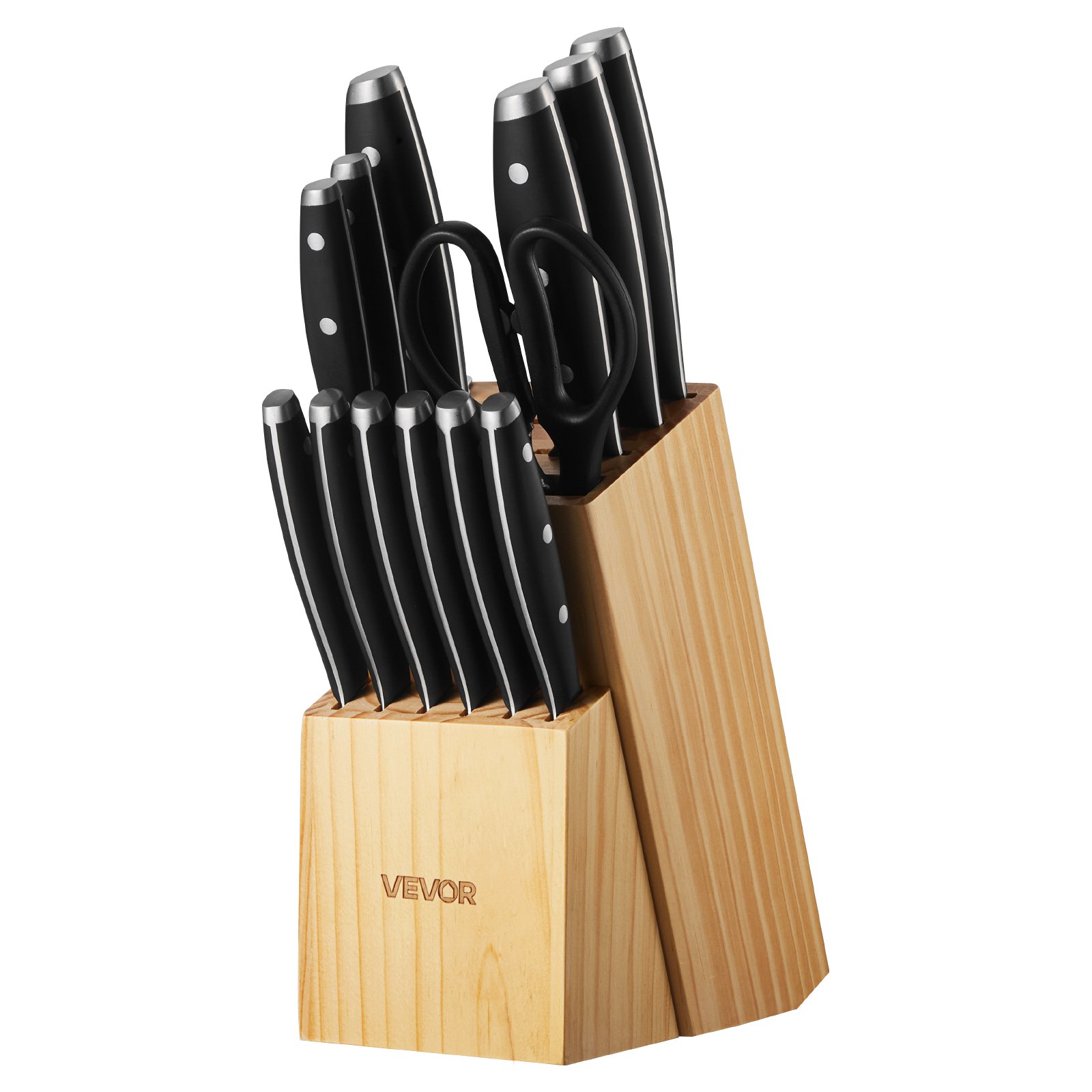 VEVOR Set di Coltelli da Cucina con Ceppo Portacoltelli Legno di Pino e Acciaino da 15 Pezzi in Acciaio Inossidabile ad Alto Tenore di Carbonio, Coltello da Cucina con Impugnatura Ergonomica in ABS