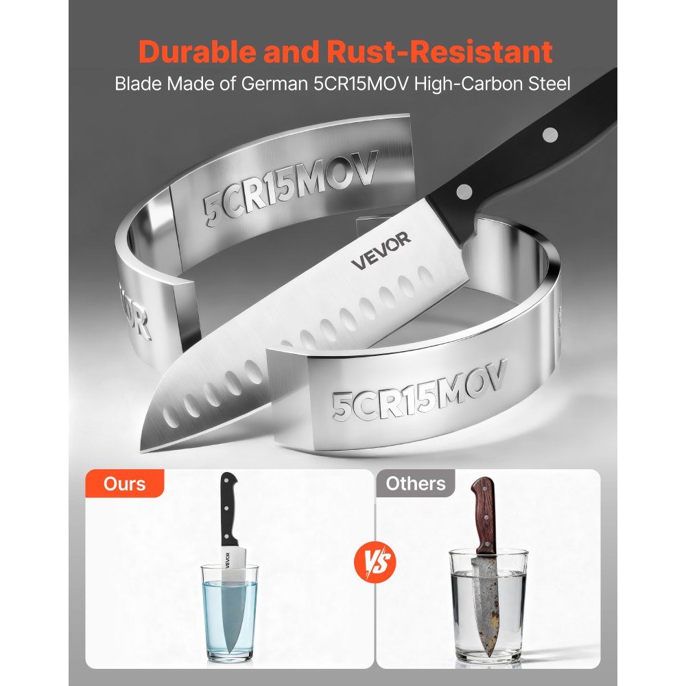 VEVOR Set di Coltelli da Cucina con Ceppo Portacoltelli Legno di Gomma e Acciaino da 15 Pezzi in Acciaio Inossidabile ad Alto Tenore di Carbonio, Coltello da Cucina con Impugnatura Ergonomica in ABS