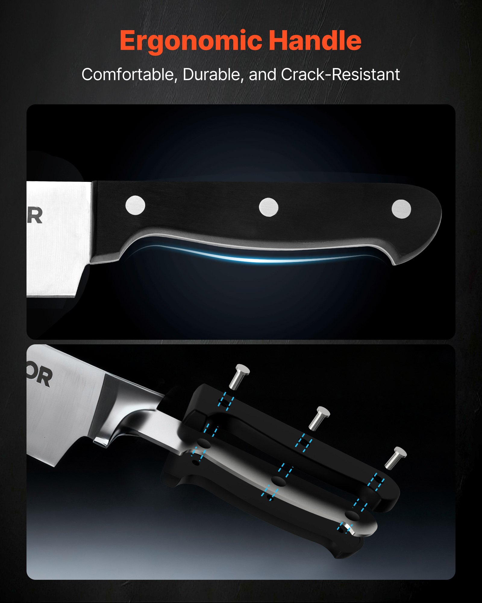 VEVOR Set di Coltelli da Cucina con Ceppo Portacoltelli Legno di Gomma e Acciaino da 15 Pezzi in Acciaio Inossidabile ad Alto Tenore di Carbonio, Coltello da Cucina con Impugnatura Ergonomica in ABS