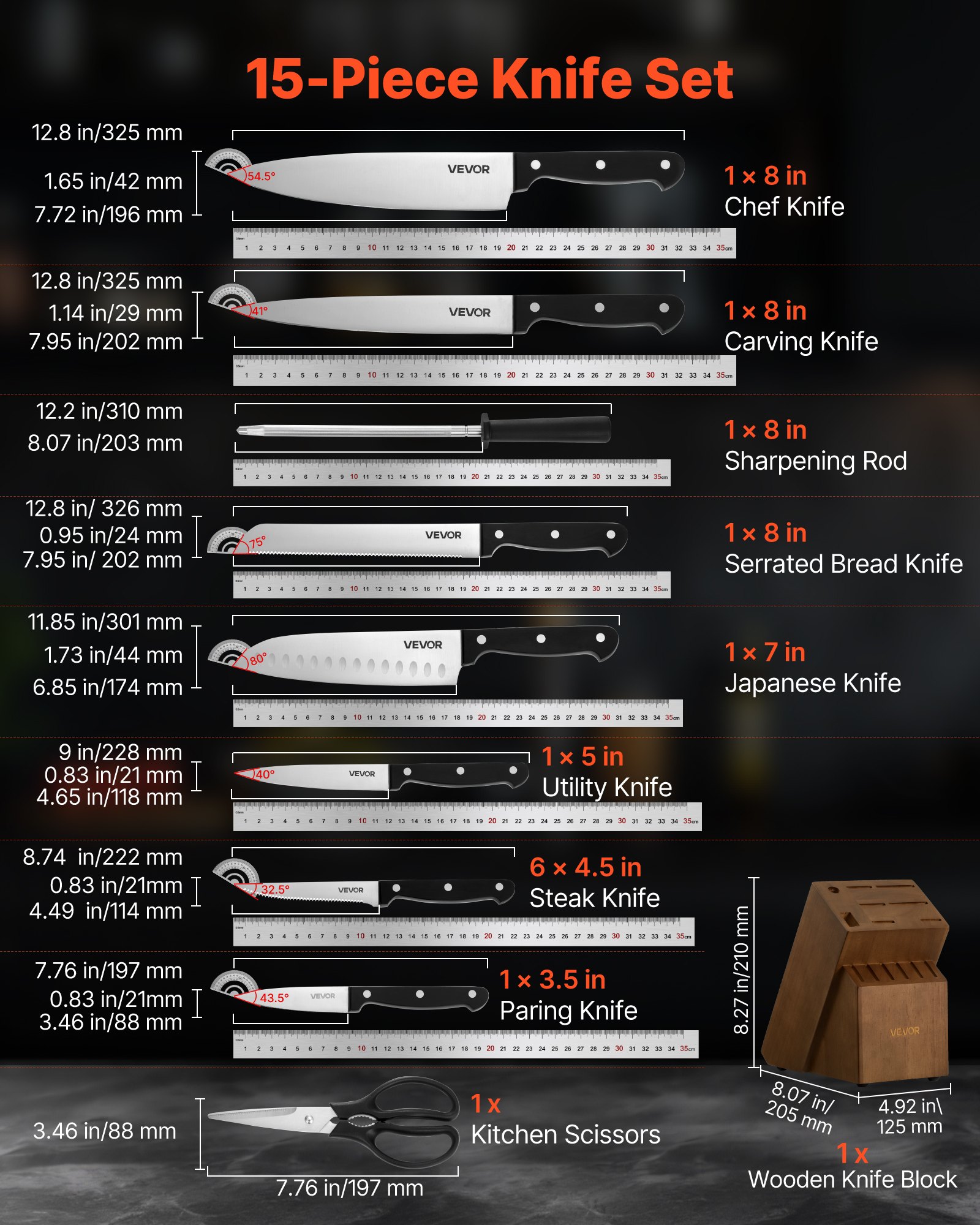 VEVOR Set di Coltelli da Cucina con Ceppo Portacoltelli Legno di Gomma e Acciaino da 15 Pezzi in Acciaio Inossidabile ad Alto Tenore di Carbonio, Coltello da Cucina con Impugnatura Ergonomica in ABS