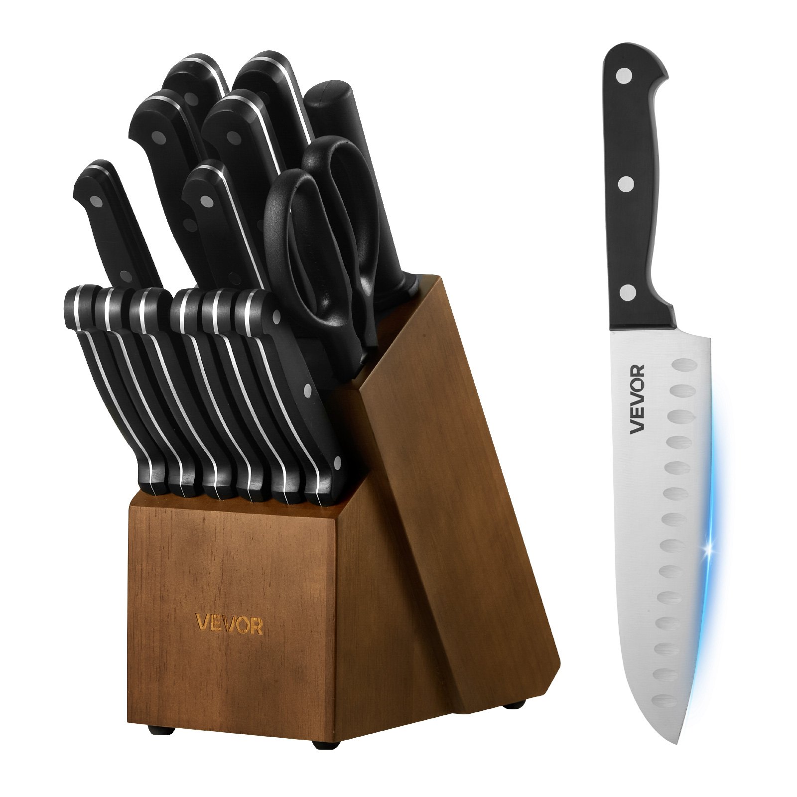 VEVOR Set di Coltelli da Cucina con Ceppo Portacoltelli Legno di Gomma e Acciaino da 15 Pezzi in Acciaio Inossidabile ad Alto Tenore di Carbonio, Coltello da Cucina con Impugnatura Ergonomica in ABS