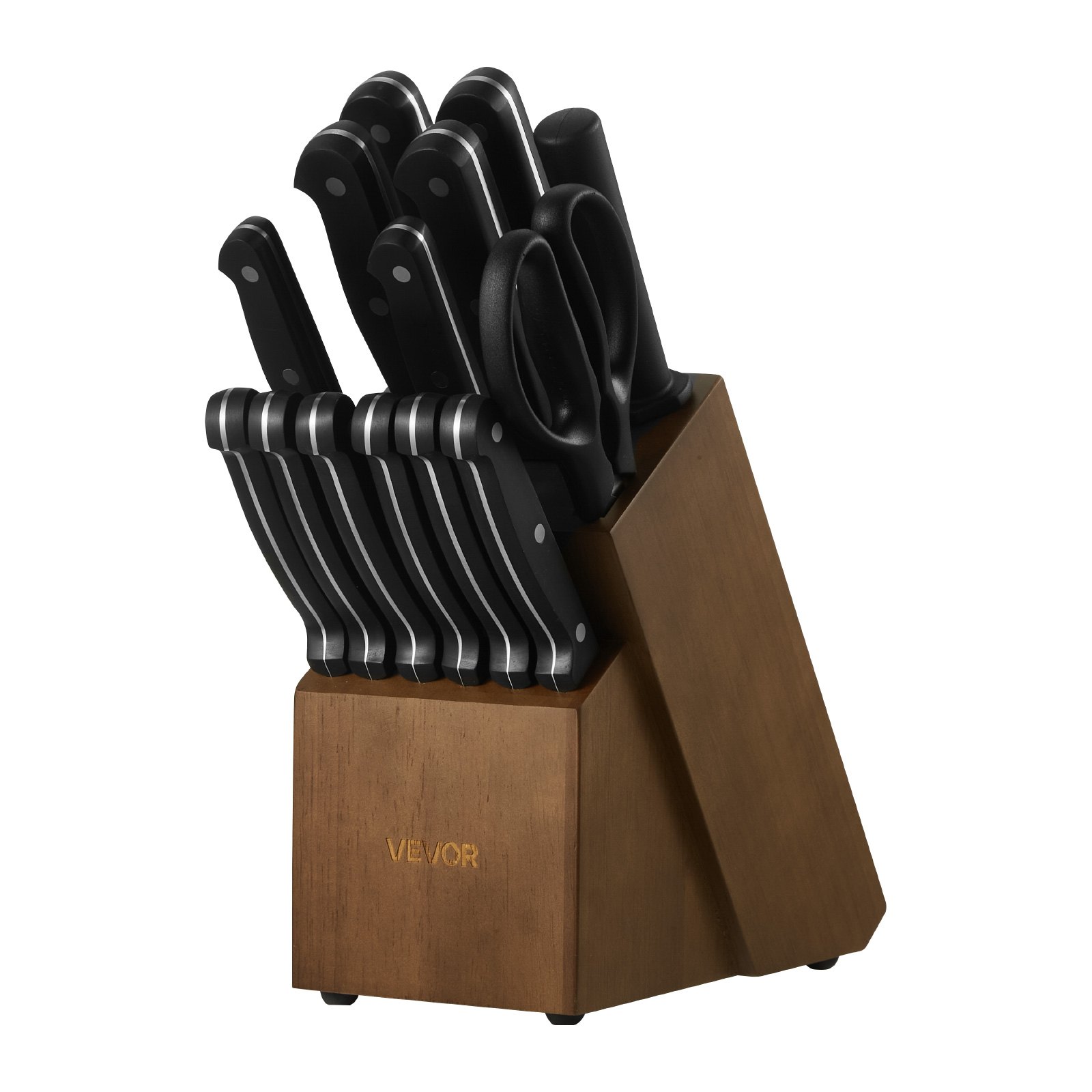 VEVOR Set di Coltelli da Cucina con Ceppo Portacoltelli Legno di Gomma e Acciaino da 15 Pezzi in Acciaio Inossidabile ad Alto Tenore di Carbonio, Coltello da Cucina con Impugnatura Ergonomica in ABS