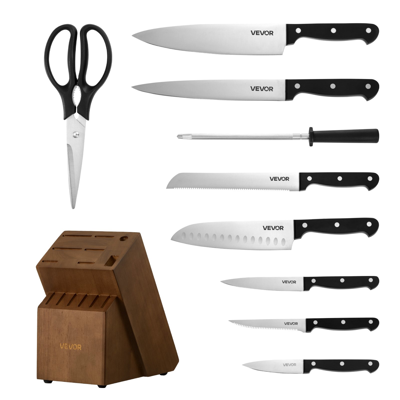 VEVOR Set di Coltelli da Cucina con Ceppo Portacoltelli Legno di Gomma e Acciaino da 15 Pezzi in Acciaio Inossidabile ad Alto Tenore di Carbonio, Coltello da Cucina con Impugnatura Ergonomica in ABS