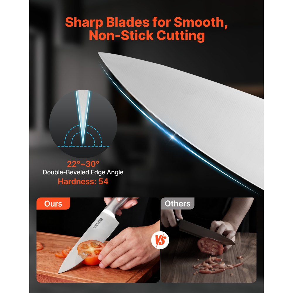 VEVOR Set di Coltelli da Cucina con Ceppo Portacoltelli in Legno e Acciaino da 15 pz in Acciaio Inossidabile ad Alto Tenore di Carbonio, Coltello da Cucina con Impugnatura Ergonomica, per Cuochi