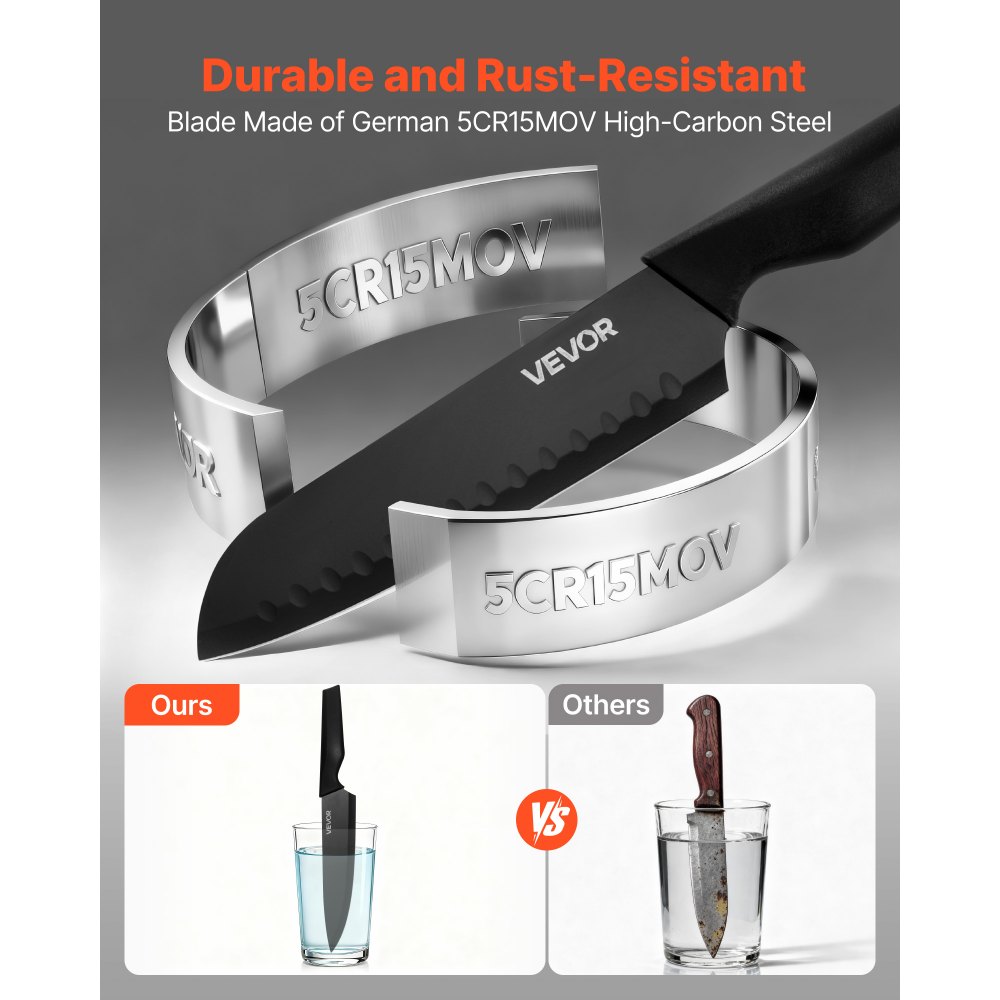 VEVOR Set di Coltelli da 15 Pezzi con Ceppo Portacoltelli e Acciaino, in Acciaio Inossidabile ad Alto Tenore di Carbonio, Coltello da Cucina con Impugnatura Ergonomica in PP, per Cuochi Amatoriali