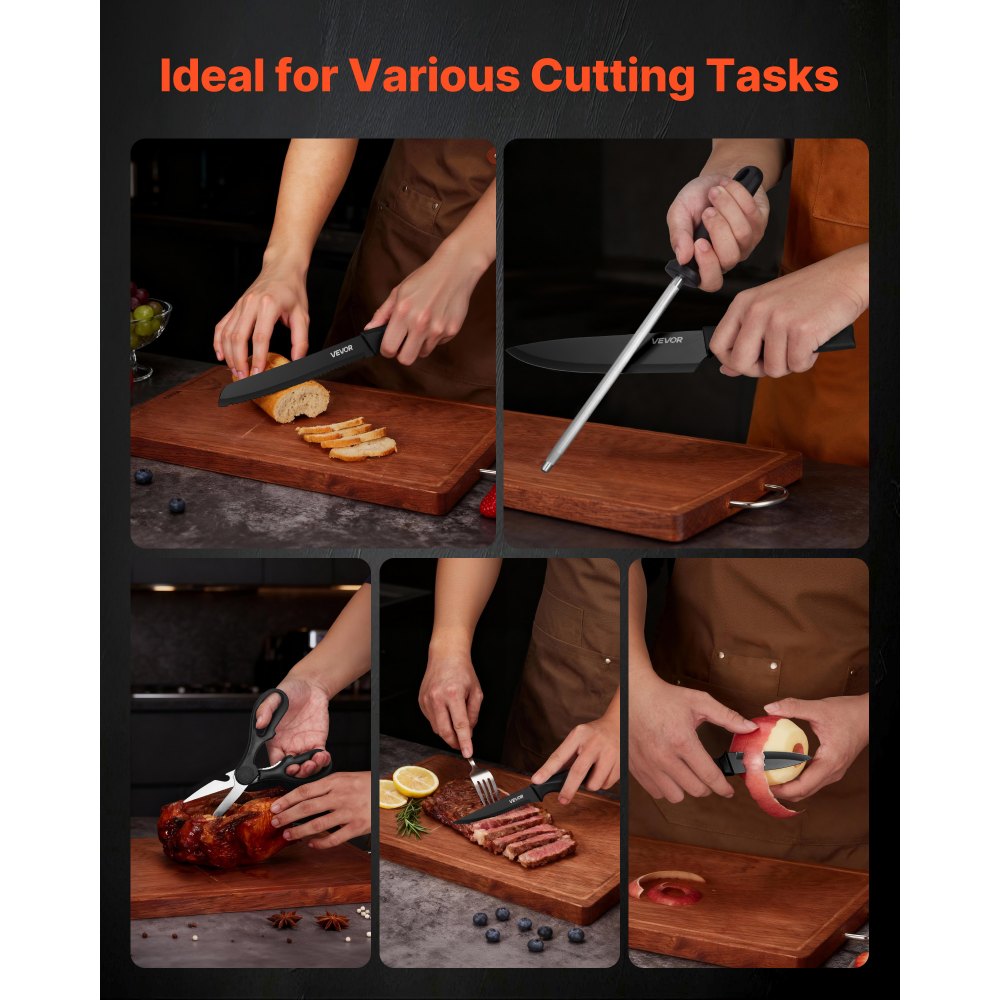 VEVOR Set di Coltelli da 15 Pezzi con Ceppo Portacoltelli e Acciaino, in Acciaio Inossidabile ad Alto Tenore di Carbonio, Coltello da Cucina con Impugnatura Ergonomica in PP, per Cuochi Amatoriali