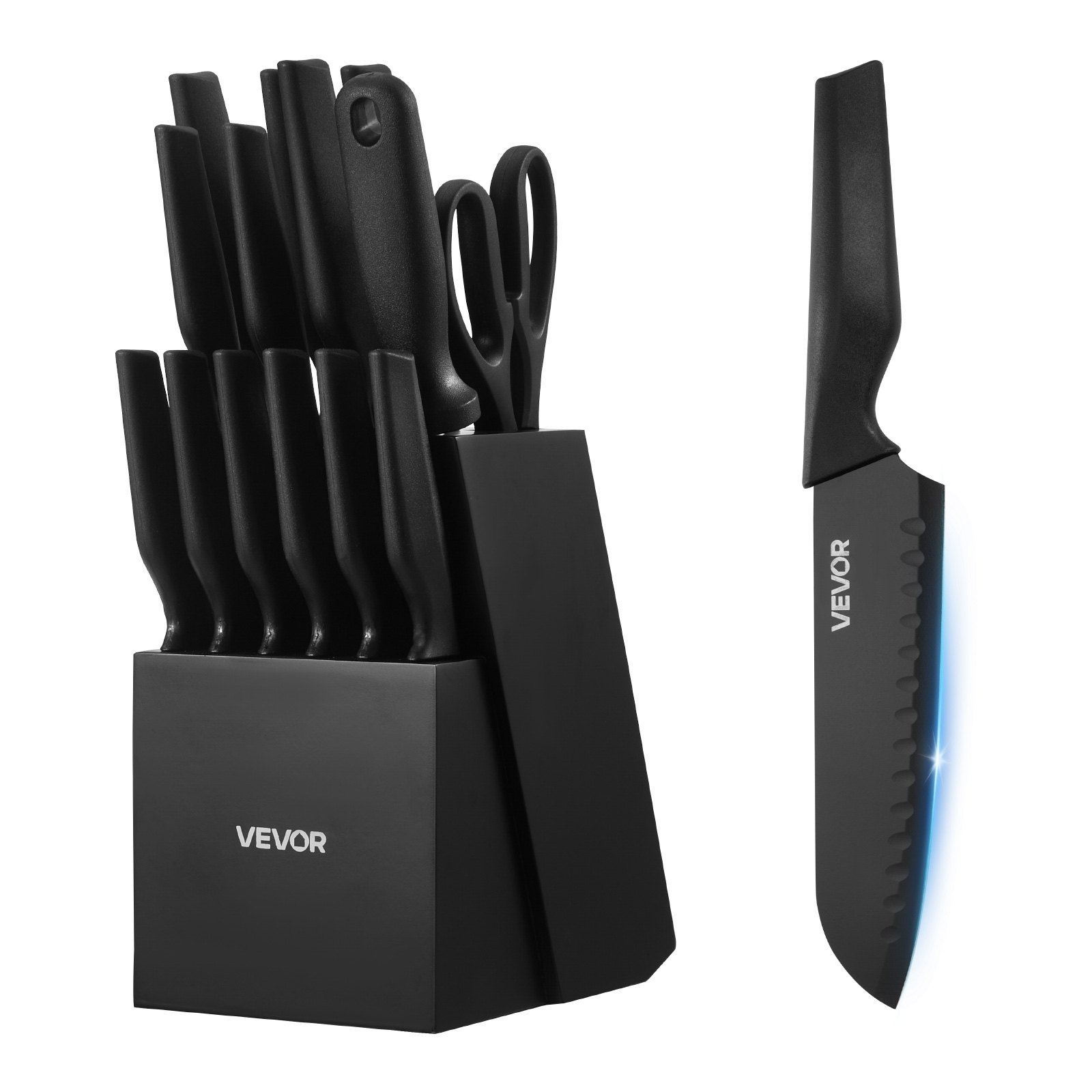 VEVOR Set di Coltelli da 15 Pezzi con Ceppo Portacoltelli e Acciaino, in Acciaio Inossidabile ad Alto Tenore di Carbonio, Coltello da Cucina con Impugnatura Ergonomica in PP, per Cuochi Amatoriali