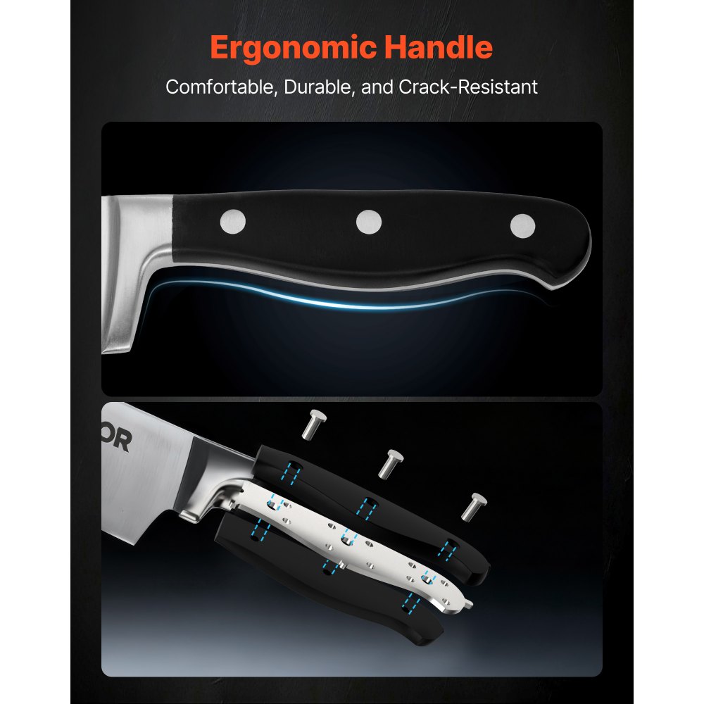 VEVOR Portacoltelli con Lama Affilato Cucina con Ceppo Portacoltelli e Acciaino da 15 Pezzi in Acciaio Inossidabile ad Alto Tenore di Carbonio, Coltello da Cucina con Manico Resistente alla Rottura