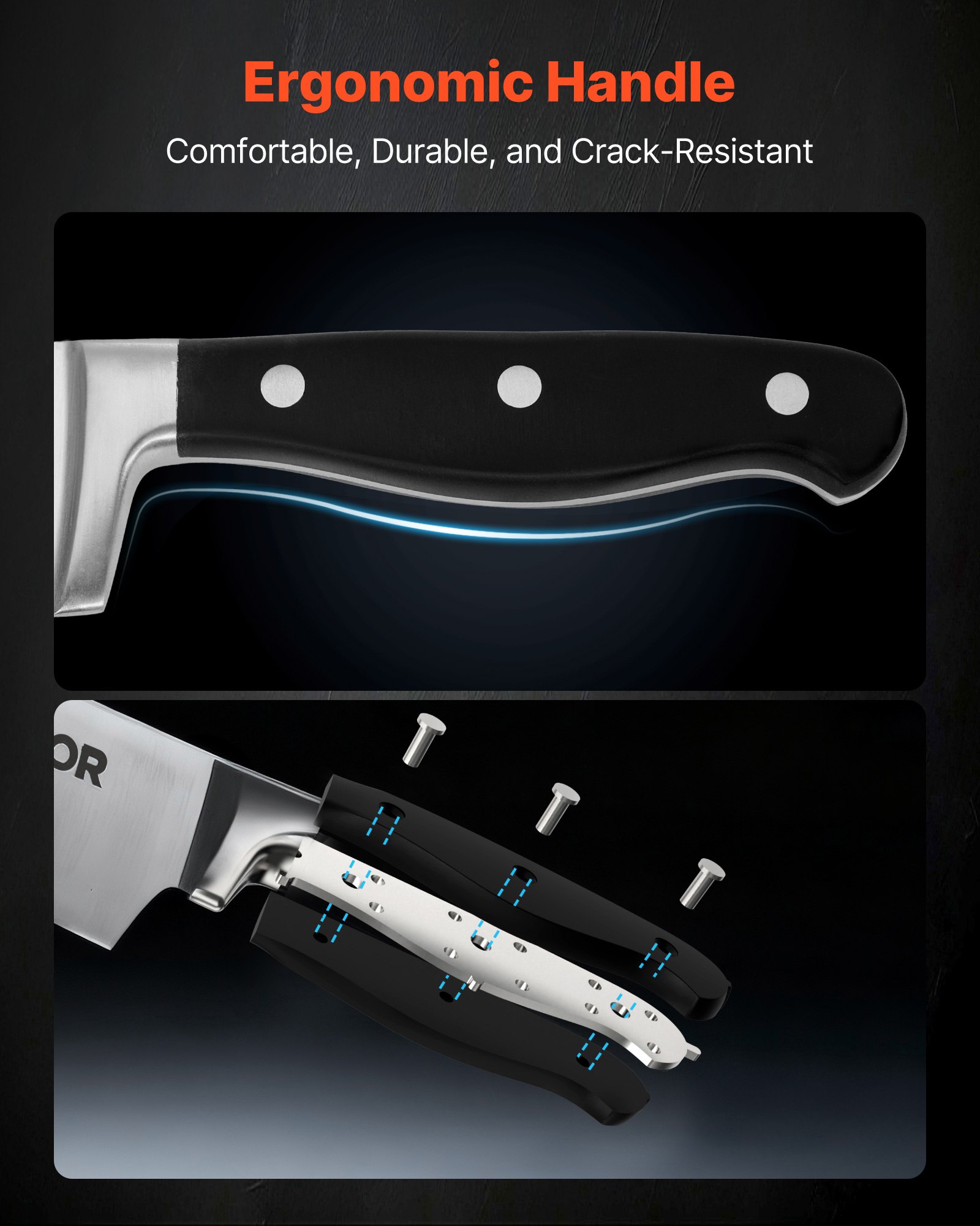 VEVOR Portacoltelli con Lama Affilato Cucina con Ceppo Portacoltelli e Acciaino da 15 Pezzi in Acciaio Inossidabile ad Alto Tenore di Carbonio, Coltello da Cucina con Manico Resistente alla Rottura