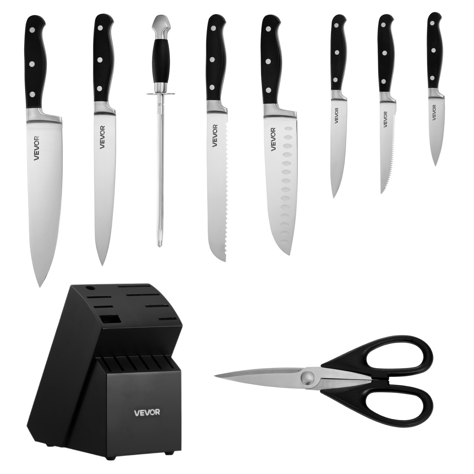 VEVOR Portacoltelli con Lama Affilato Cucina con Ceppo Portacoltelli e Acciaino da 15 Pezzi in Acciaio Inossidabile ad Alto Tenore di Carbonio, Coltello da Cucina con Manico Resistente alla Rottura