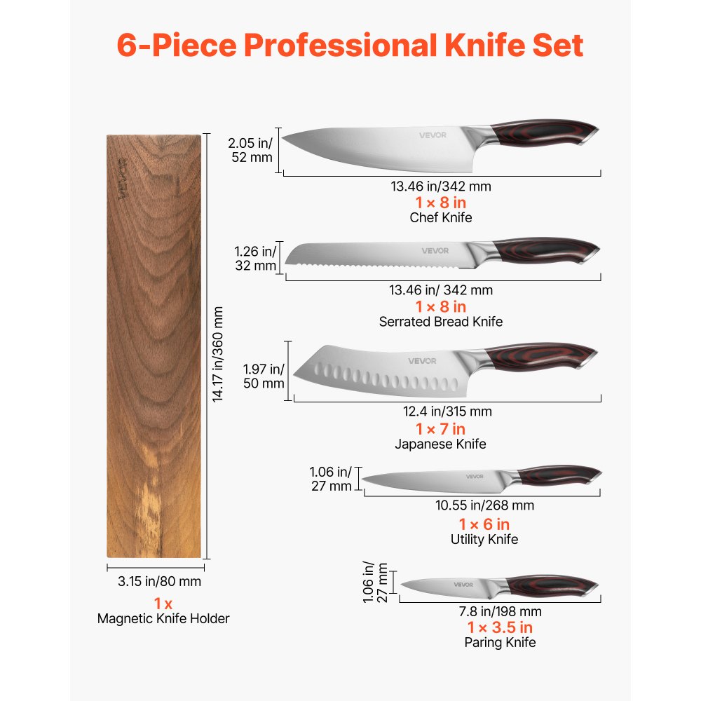 VEVOR Kitchen Knife Set, 6 Piece High Carbon Stainless Steel Sharp Knife Set, Professional Kitchen Cutlery with Ergonomic Crack-Resistant Handle, and Walnut Finish Powerful Magnetic Knives Holder