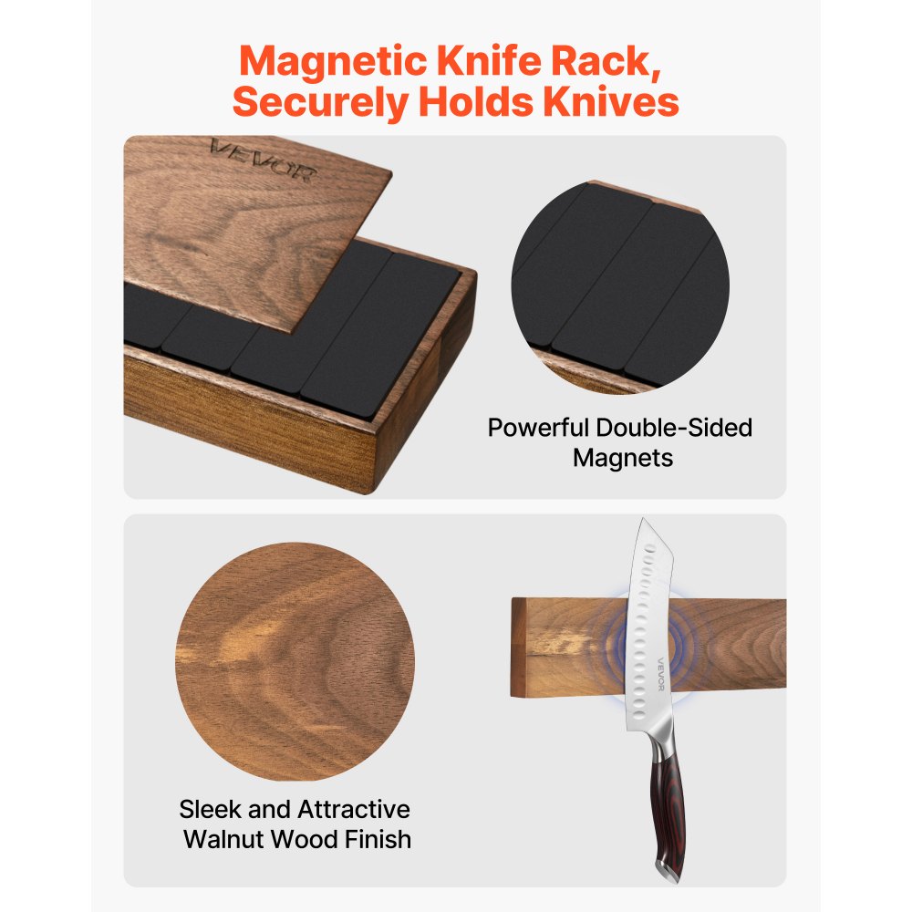 VEVOR Set di Coltelli da 6 pz con Portacoltelli Magnetico, in Acciaio Inossidabile ad Alto Tenore di Carbonio, con Impugnatura Ergonomica e Resistente alla Rottura, Striscia Magnetica Effetto Noce