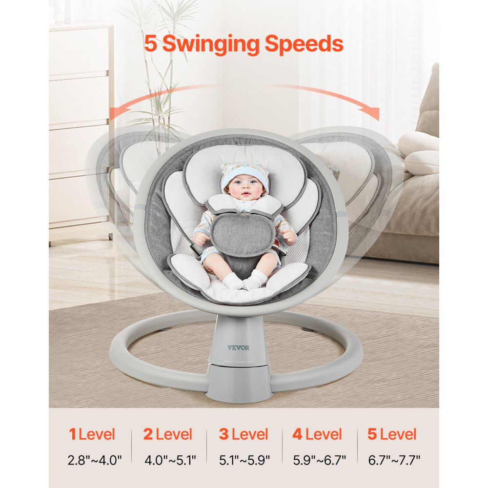 VEVOR Baby Swing, 5-Speed Baby Bouncer, Portable Baby Swing with Remote Control, Touch Panel, Bluetooth Music, 10 Songs & 5-Point Safety Harness for Children Aged 0-9 Months up to 9 kg